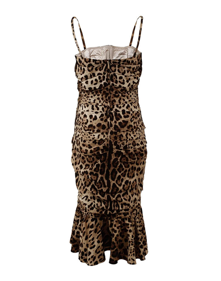 Brown Leopard Print Ruched Midi Dress - ventzia