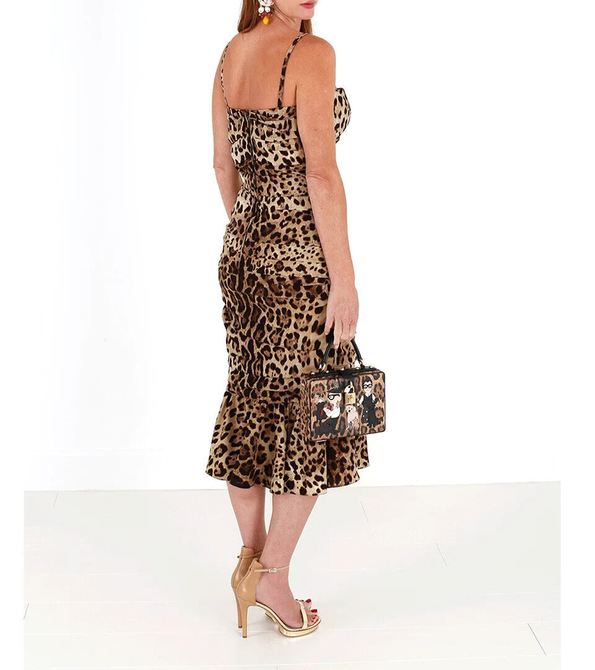 Brown Leopard Print Ruched Midi Dress - ventzia