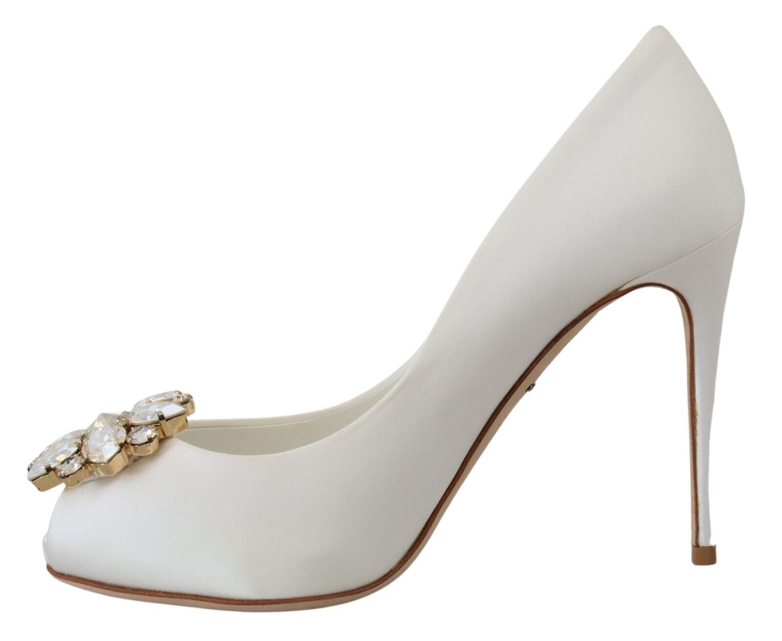 White Crystals Peep Toe Heel Satin Pumps - ventzia
