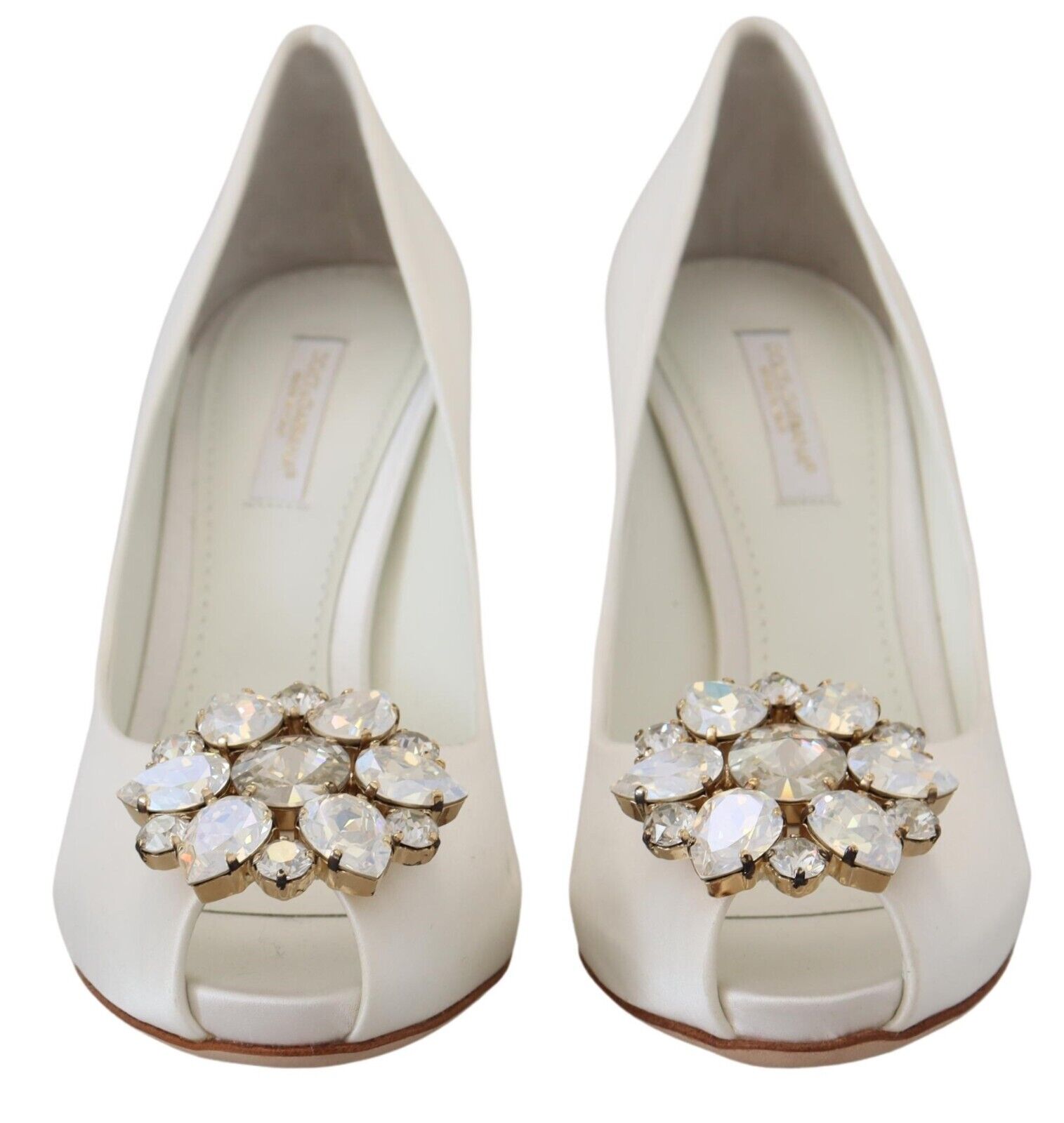 White Crystals Peep Toe Heel Satin Pumps - ventzia