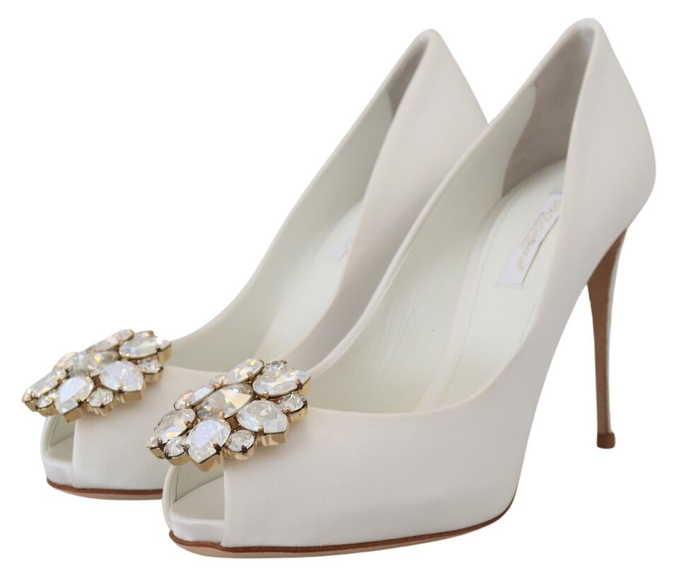 White Crystals Peep Toe Heel Satin Pumps - ventzia