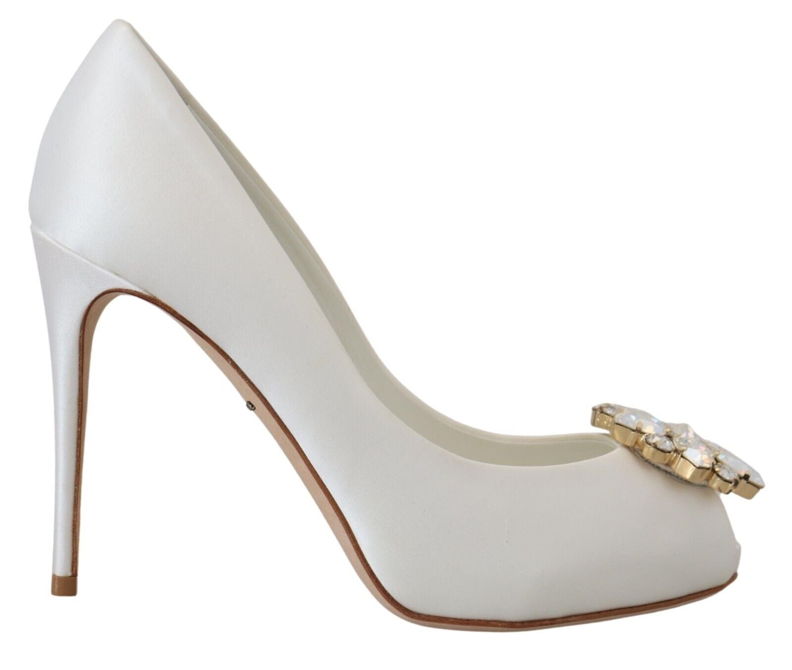 White Crystals Peep Toe Heel Satin Pumps - ventzia