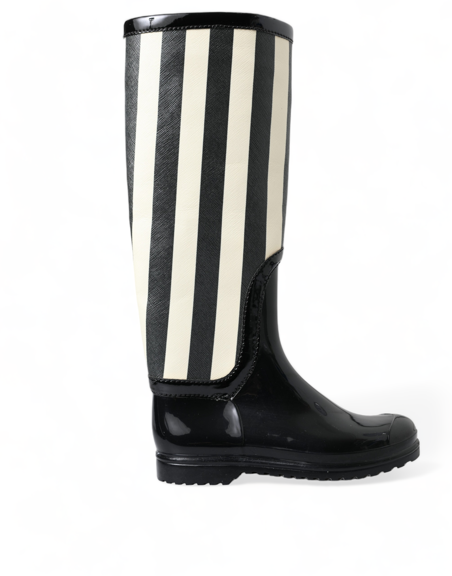 Black Rubber Knee High Flat Boots Shoes - ventzia