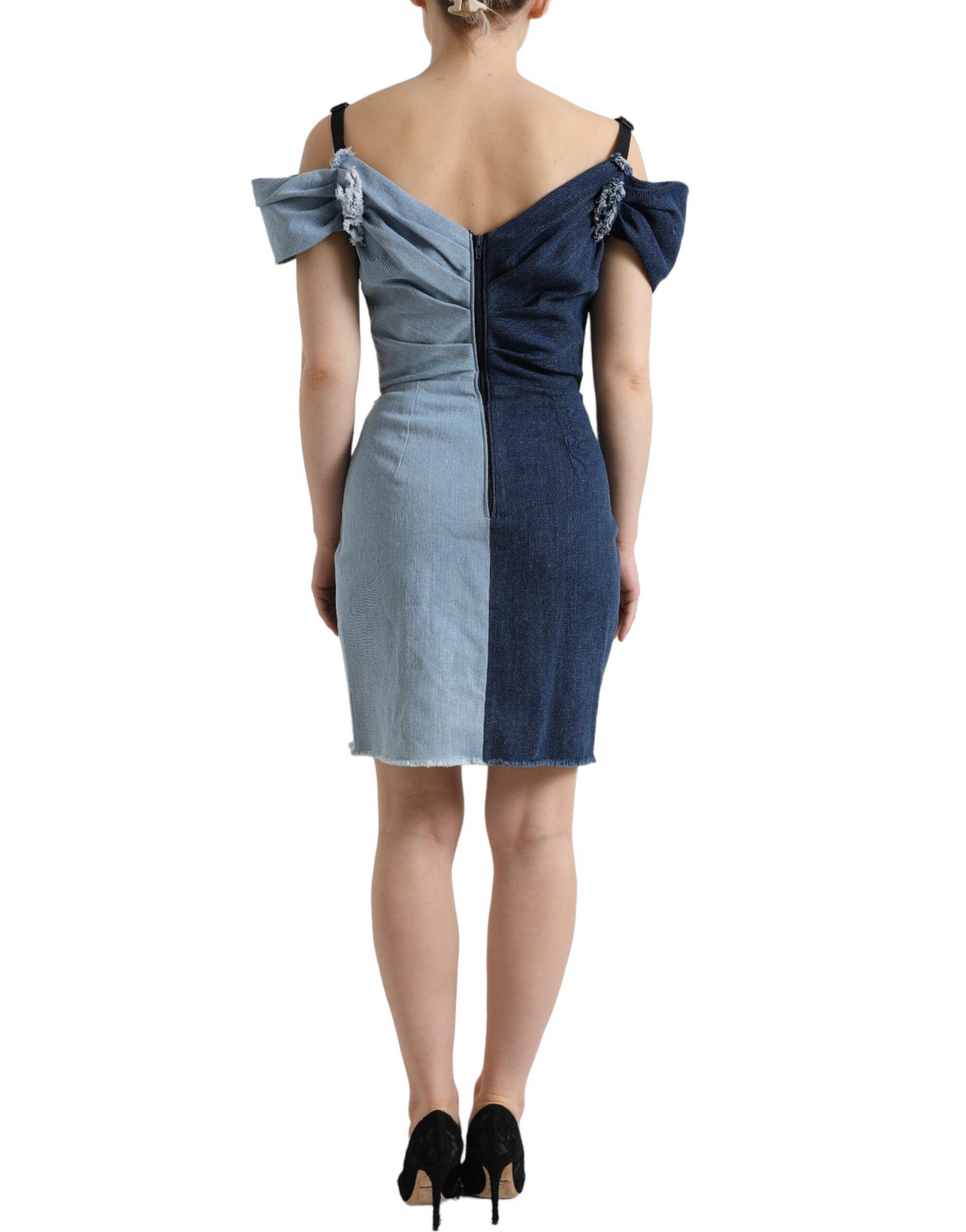 Blue Patchwork Two Tone Denim Mini Dress - ventzia