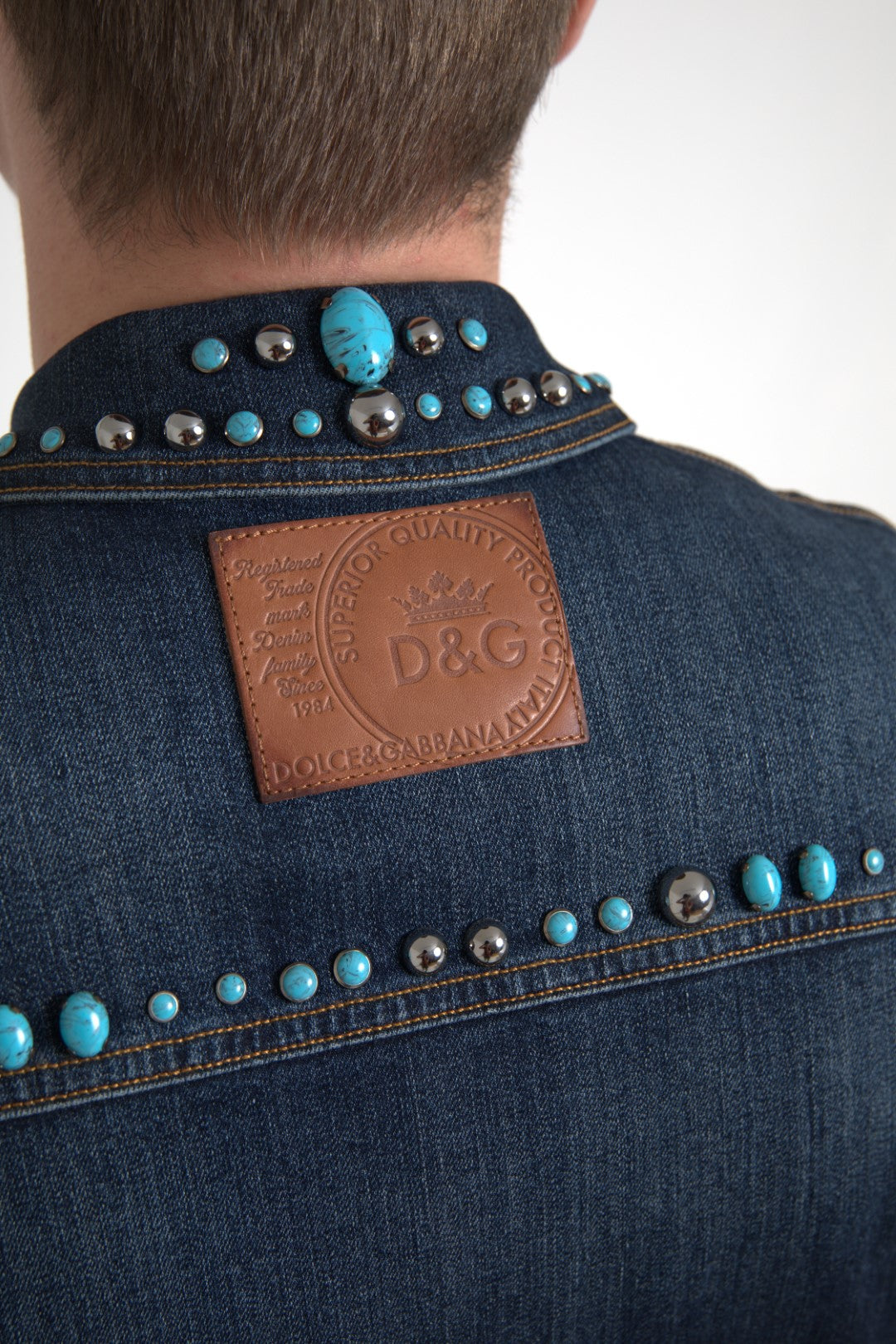 Blue Denim Turquoise Stones Studded Jacket - ventzia