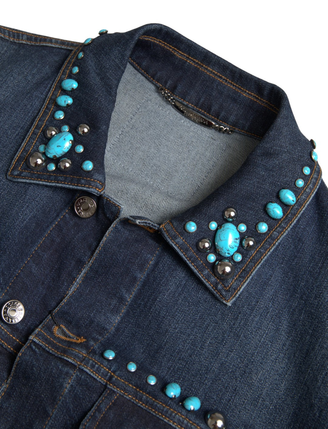 Blue Denim Turquoise Stones Studded Jacket - ventzia