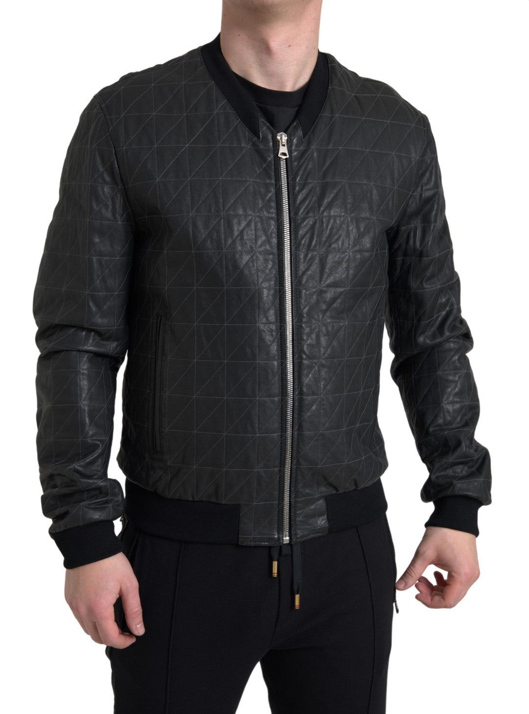 Black Leather Full Zip Bomber Coat Jacket - ventzia