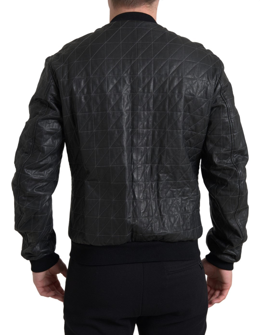 Black Leather Full Zip Bomber Coat Jacket - ventzia