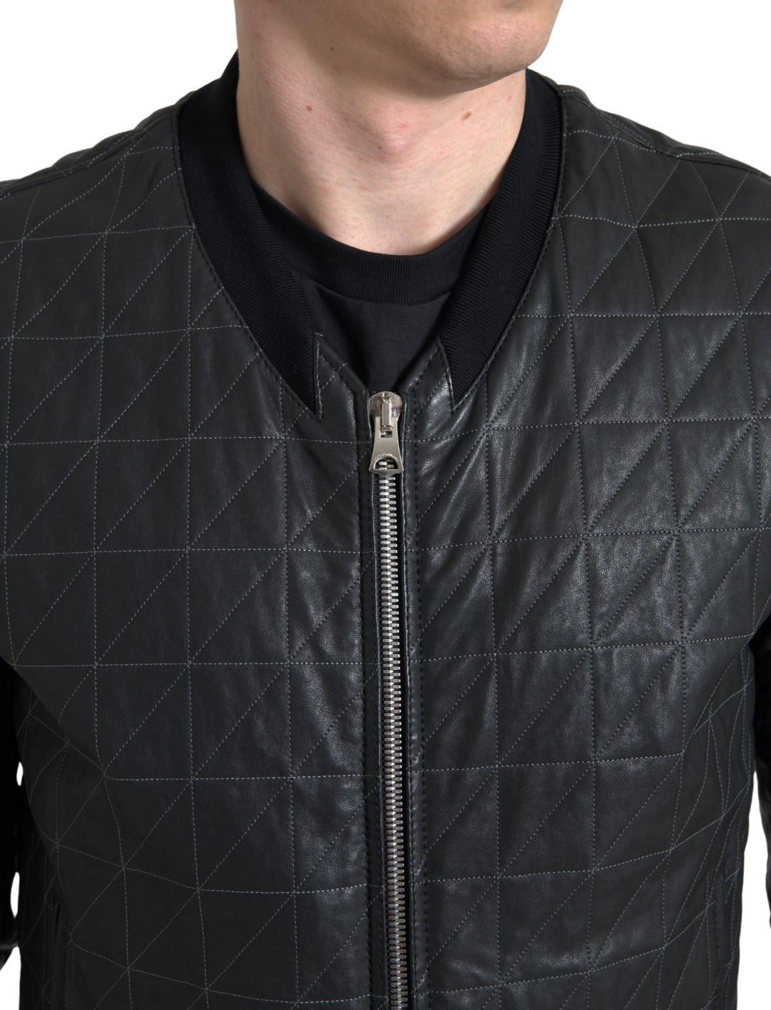 Black Leather Full Zip Bomber Coat Jacket - ventzia