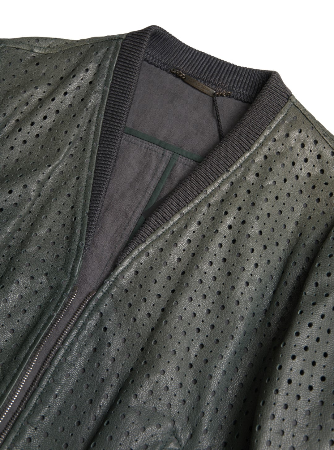 Green Perforated Leather Bomber Jacket - ventzia