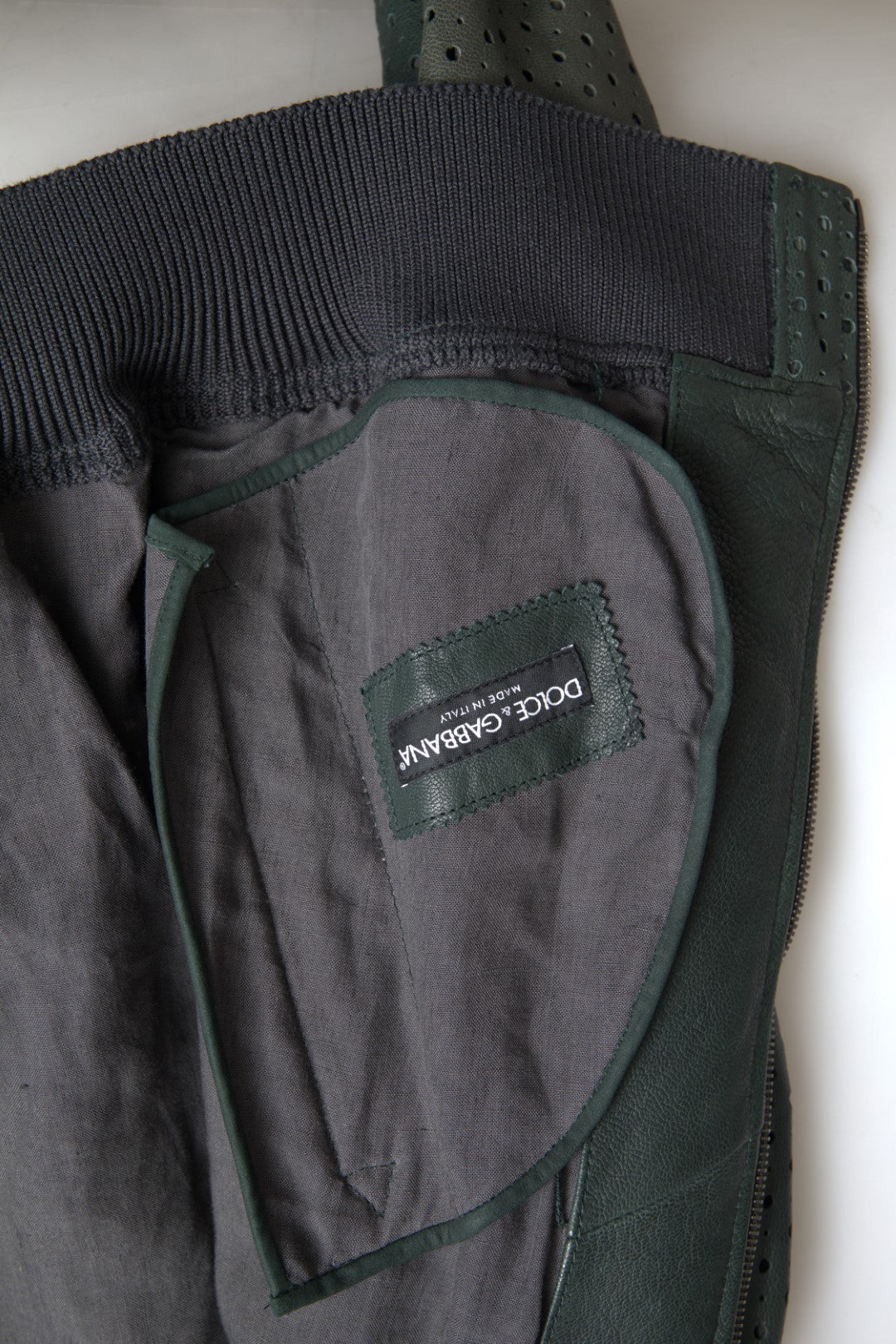 Green Perforated Leather Bomber Jacket - ventzia