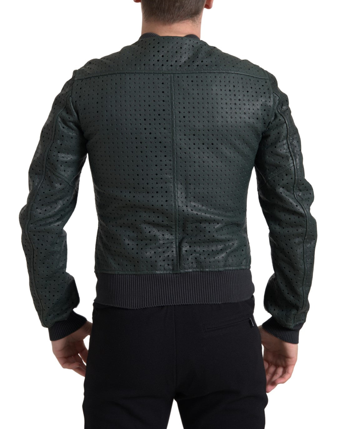 Green Perforated Leather Bomber Jacket - ventzia