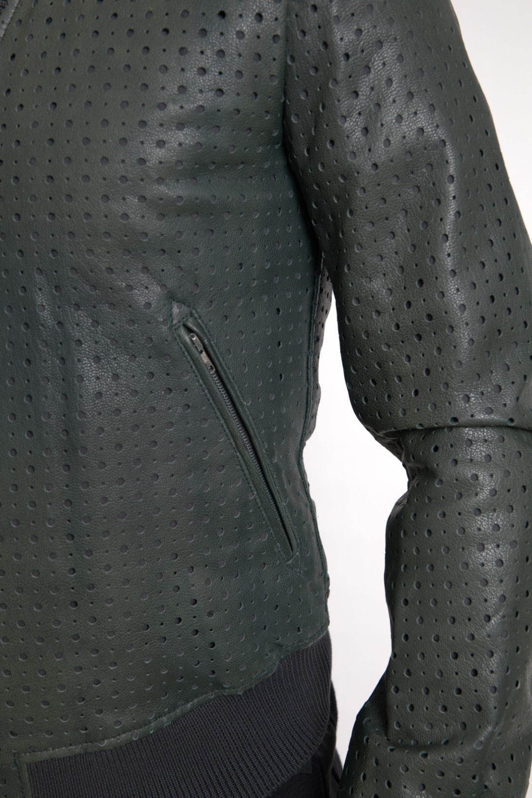 Green Perforated Leather Bomber Jacket - ventzia