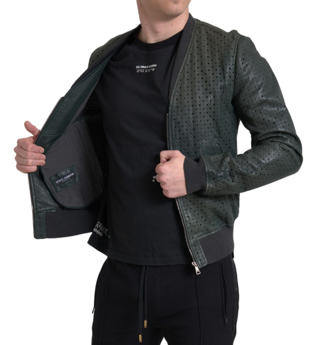 Green Perforated Leather Bomber Jacket - ventzia