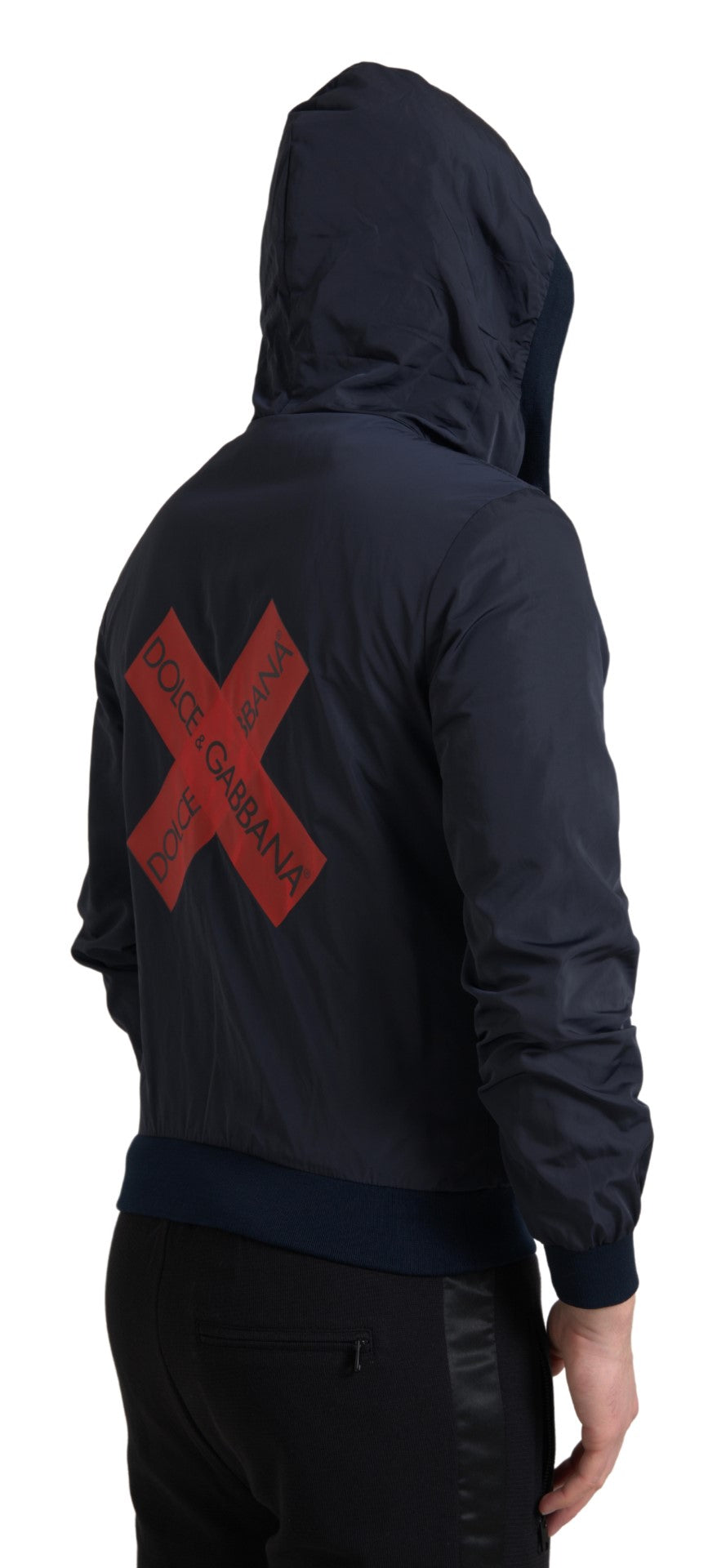 Blue Hooded Logo Polyester Full Zip Sweater - ventzia