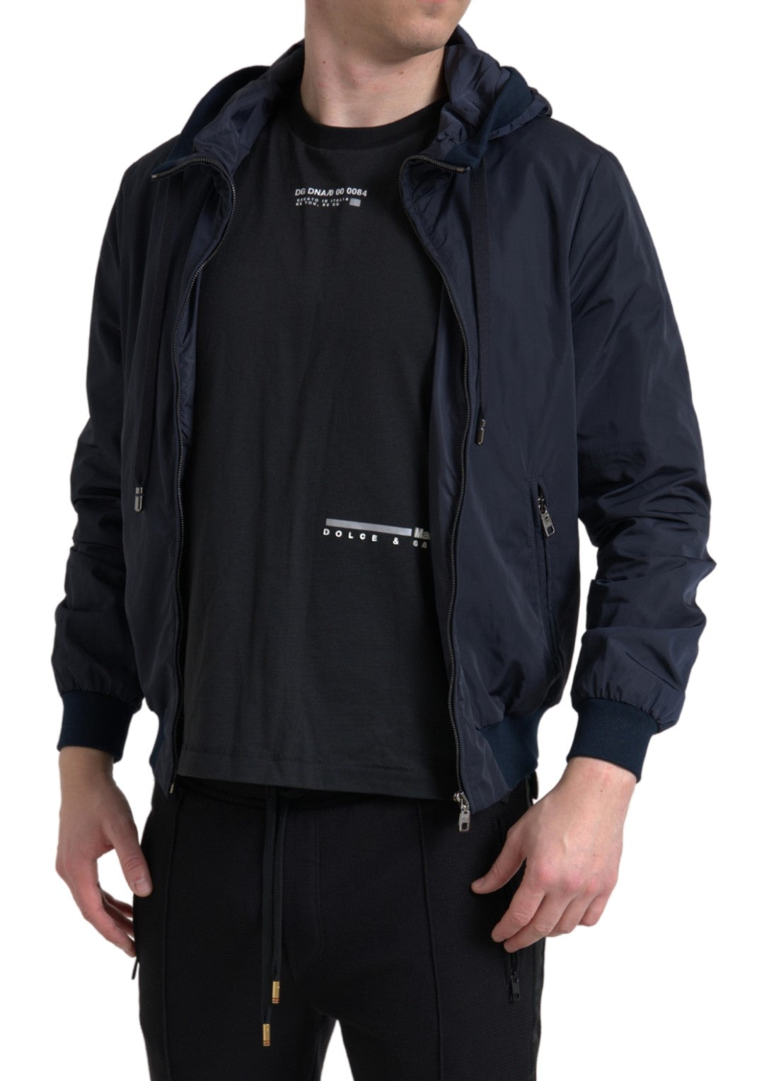Blue Hooded Logo Polyester Full Zip Sweater - ventzia