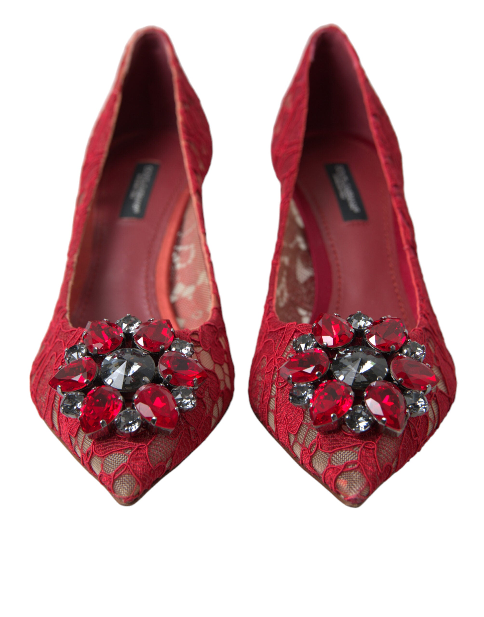 Red Taormina Lace Crystal Heels Pumps Shoes - ventzia