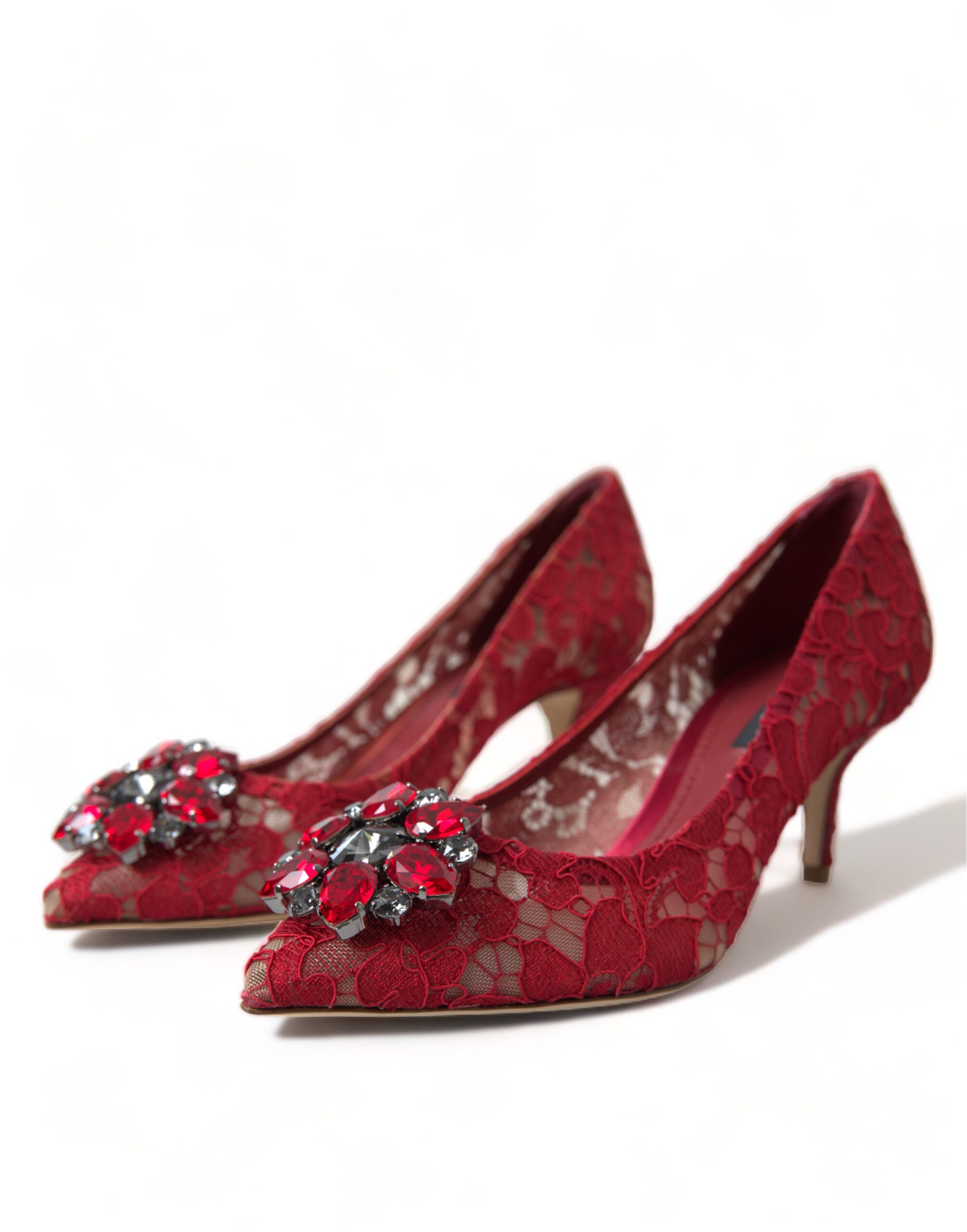 Red Taormina Lace Crystal Heels Pumps Shoes - ventzia