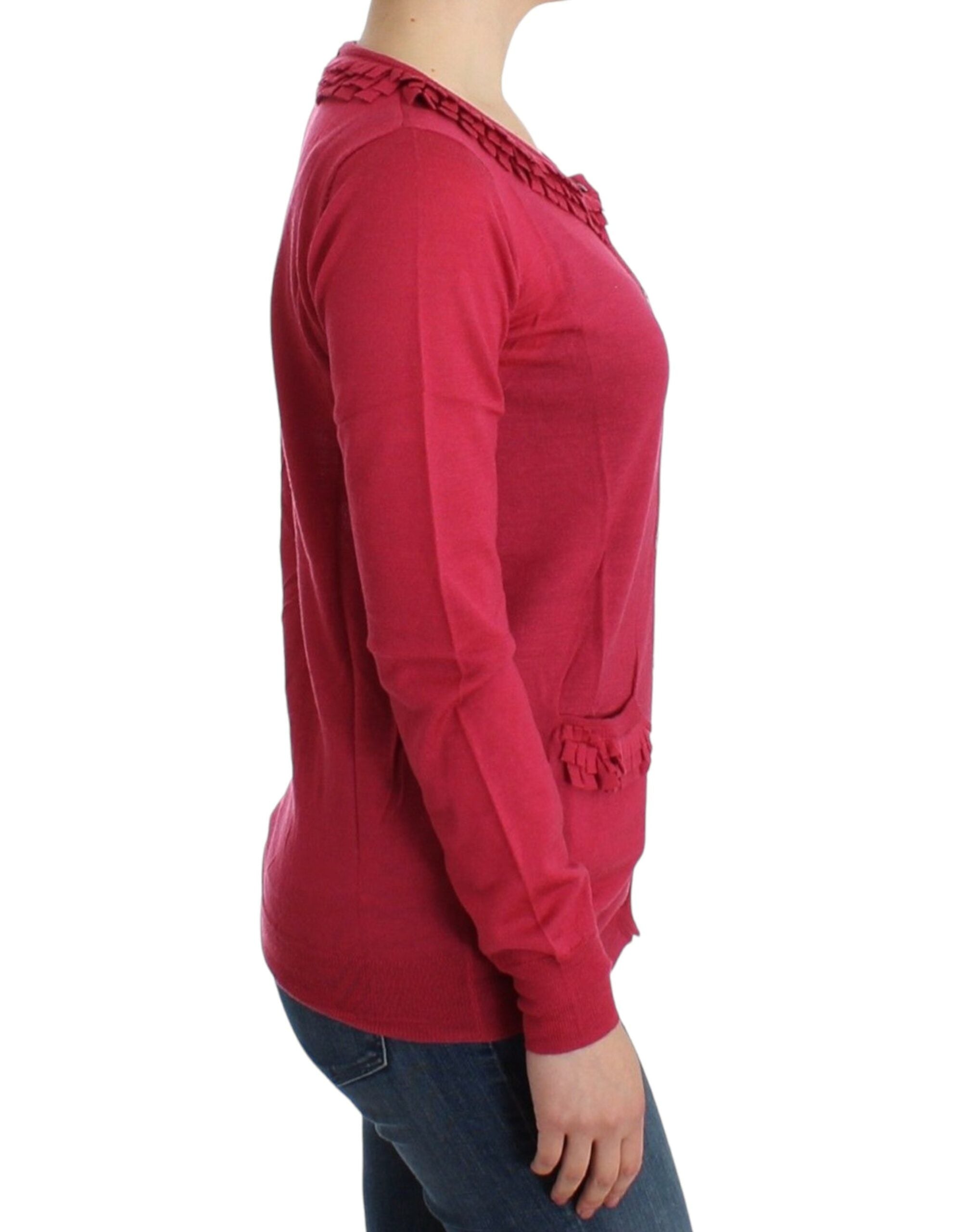 Ruffle Detail Wool Cardigan in Pink - ventzia