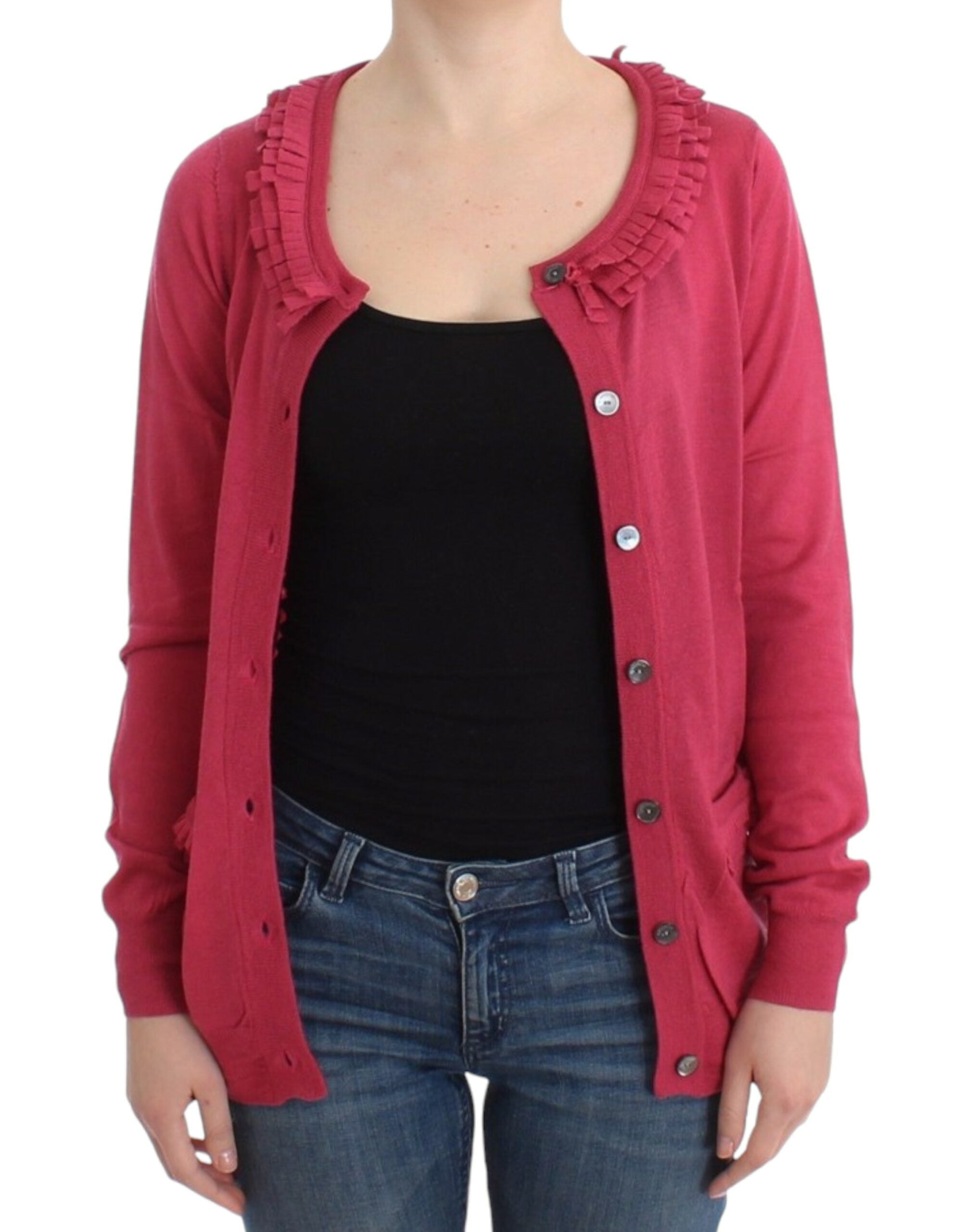 Ruffle Detail Wool Cardigan in Pink - ventzia