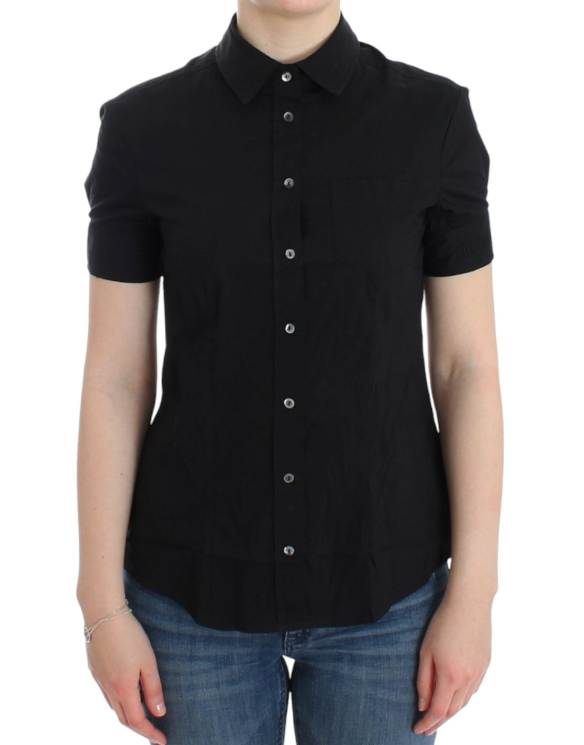 Elegant Black Cotton Stretch Shortsleeve Blouse - ventzia