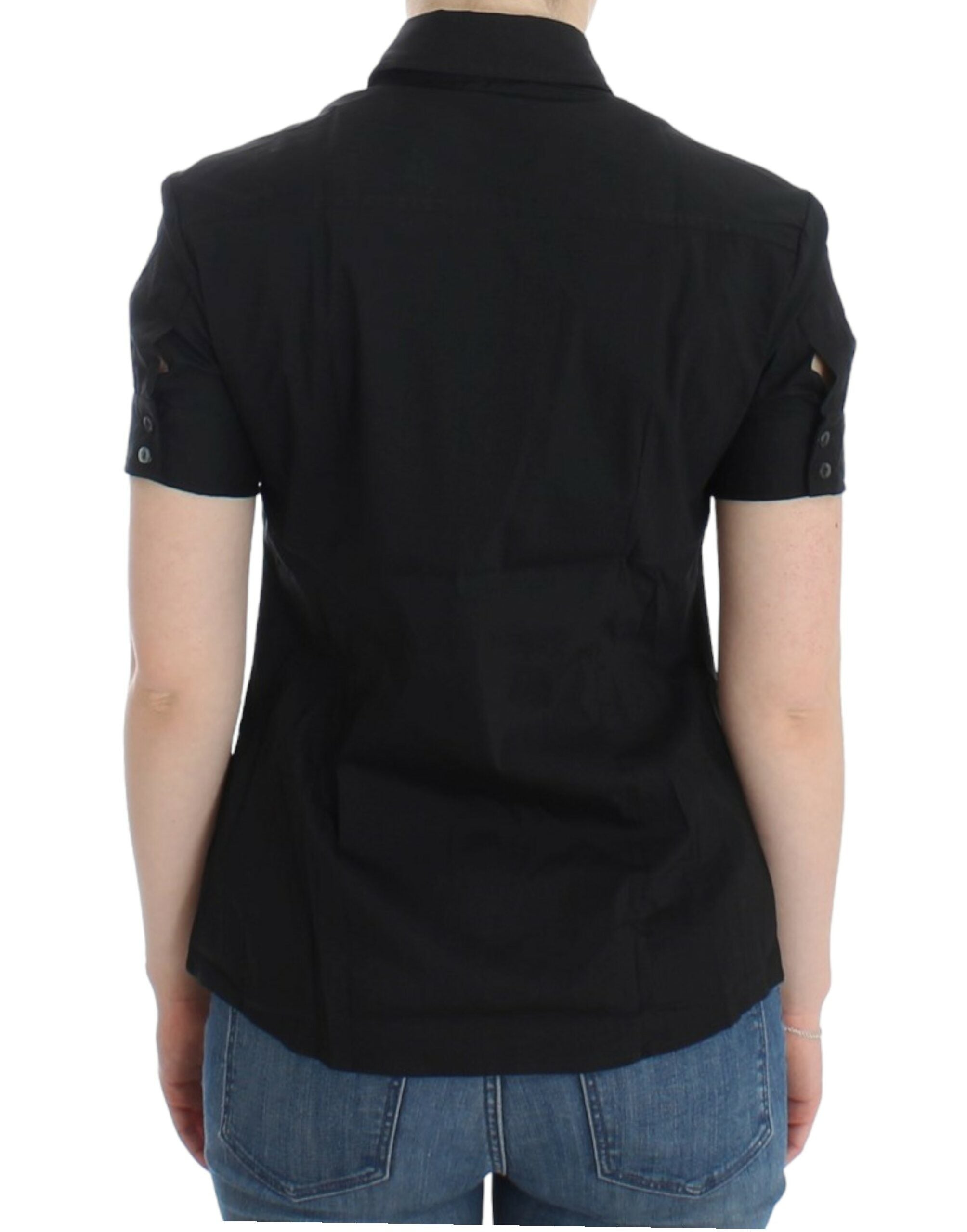 Elegant Black Cotton Stretch Shortsleeve Blouse - ventzia