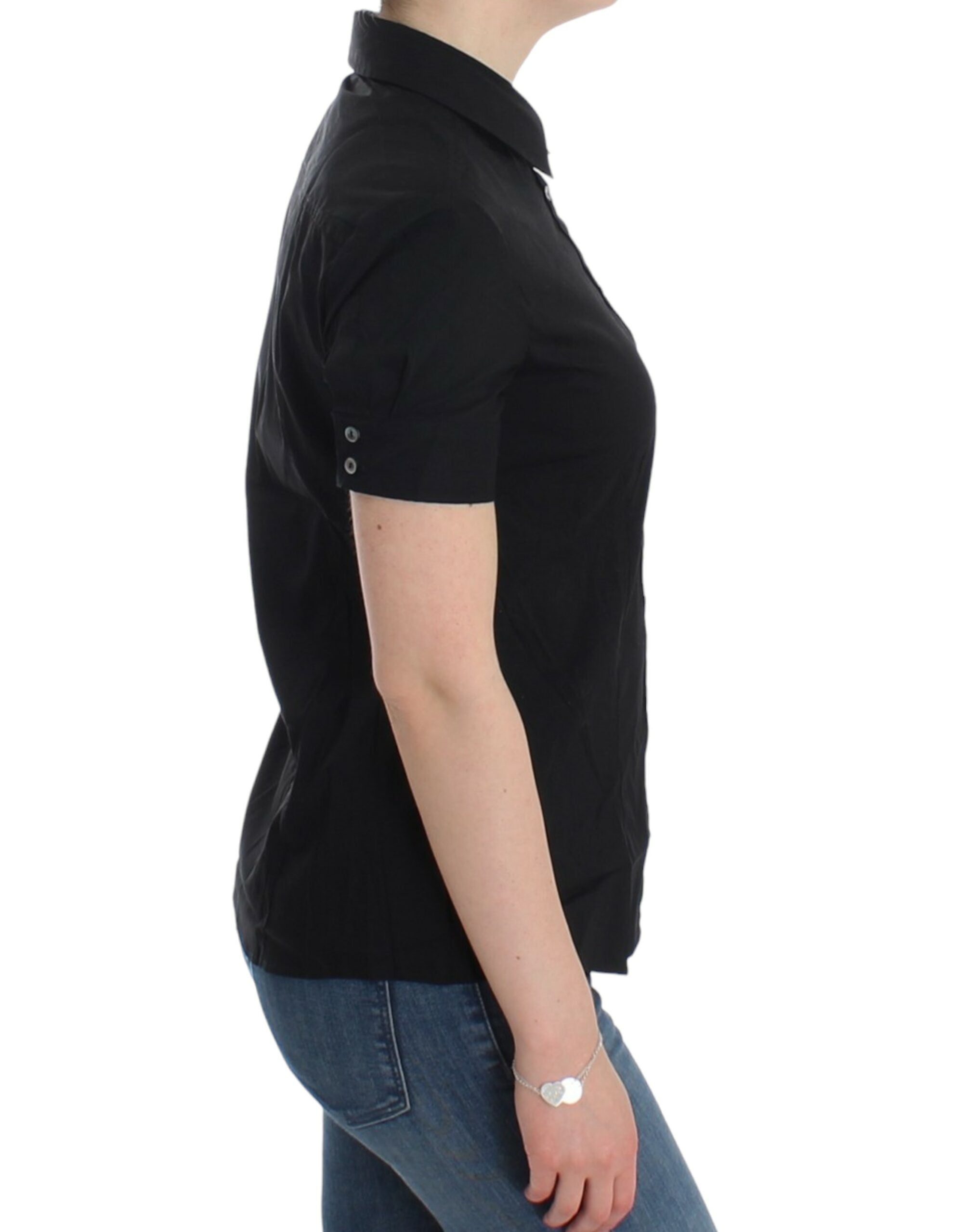 Elegant Black Cotton Stretch Shortsleeve Blouse - ventzia
