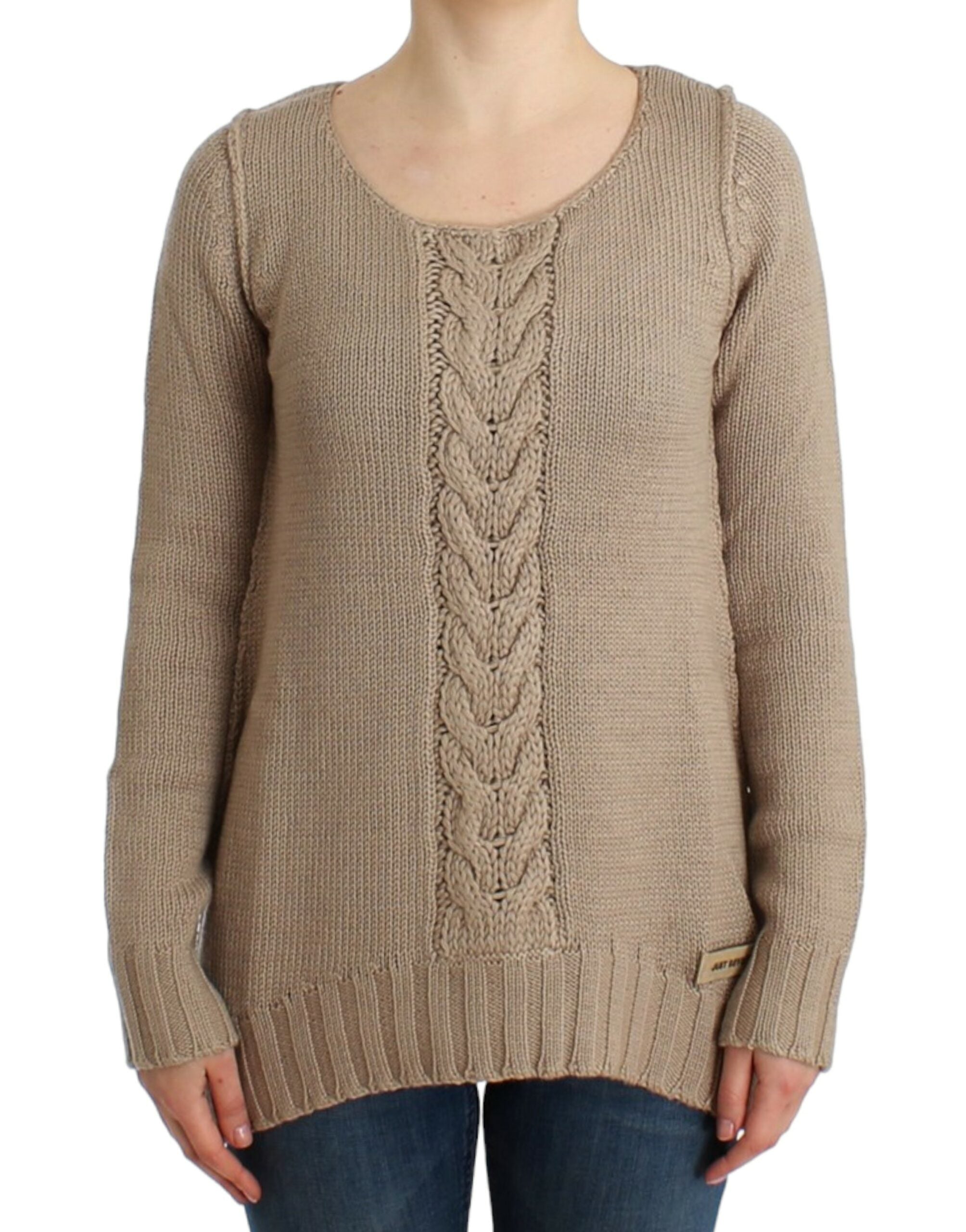 Elegant Beige Knitted Crew Neck Sweater - ventzia