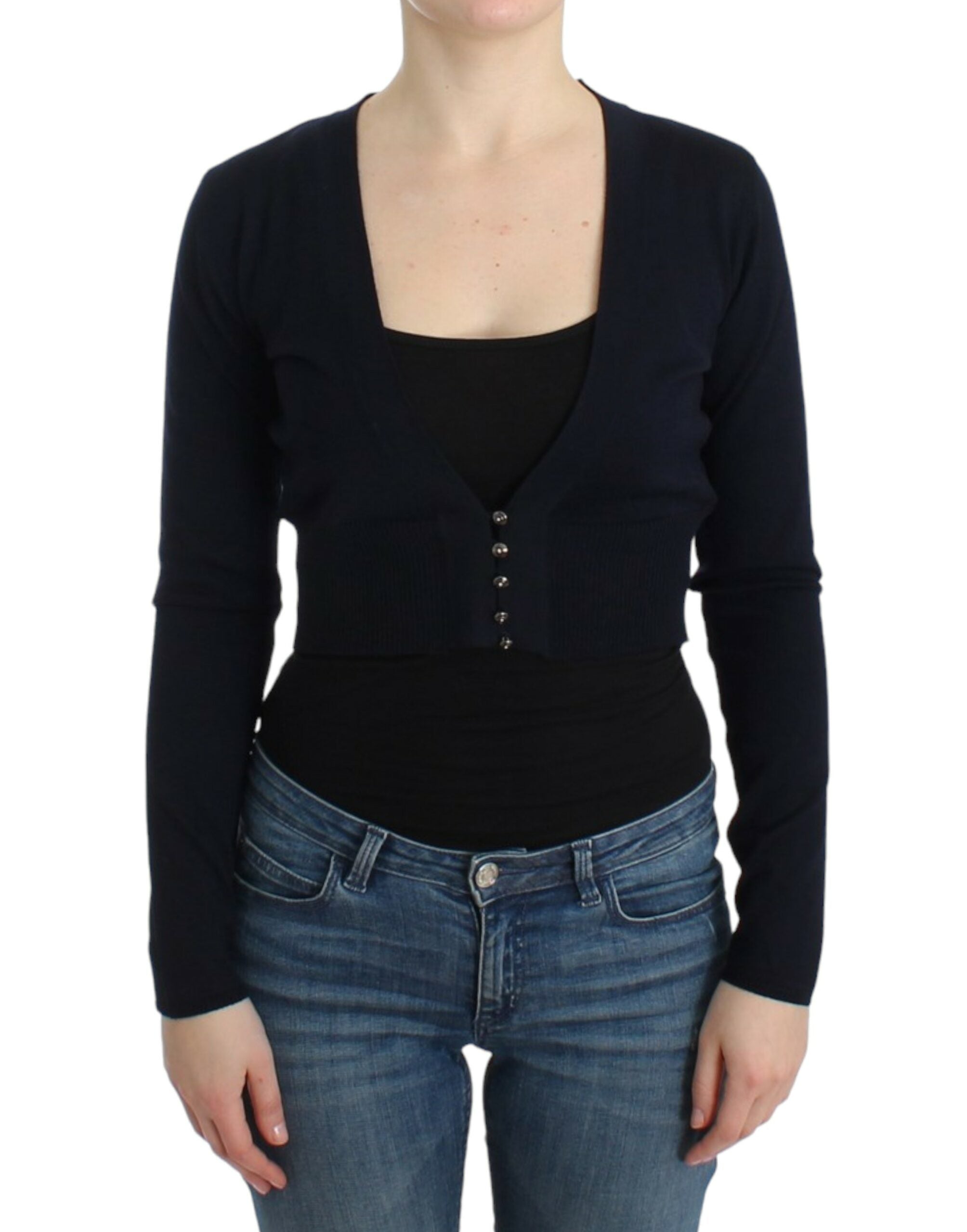 Elegant Black Cropped Virgin Wool Cardigan - ventzia