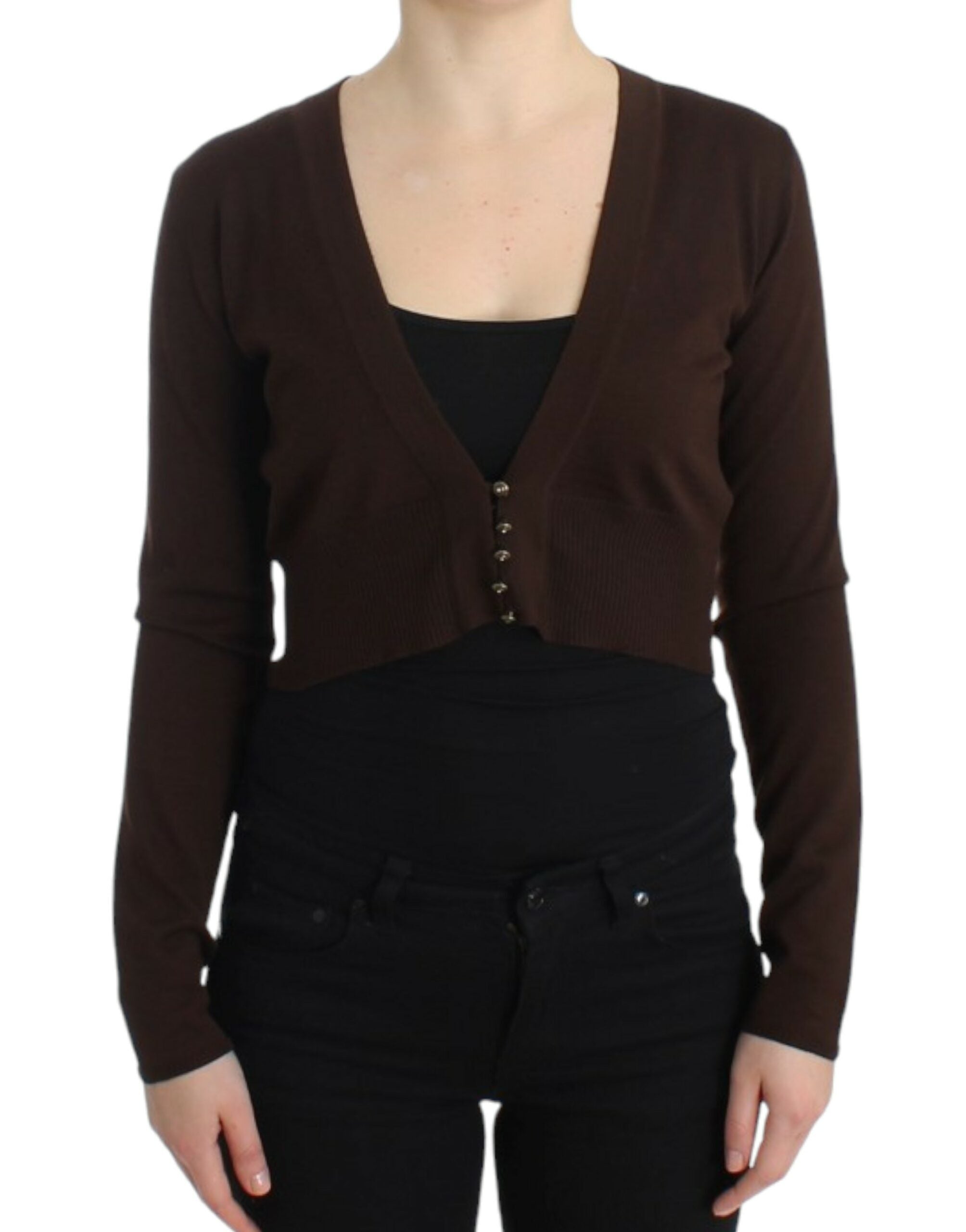 Elegant Brown Virgin Wool Cropped Cardigan - ventzia