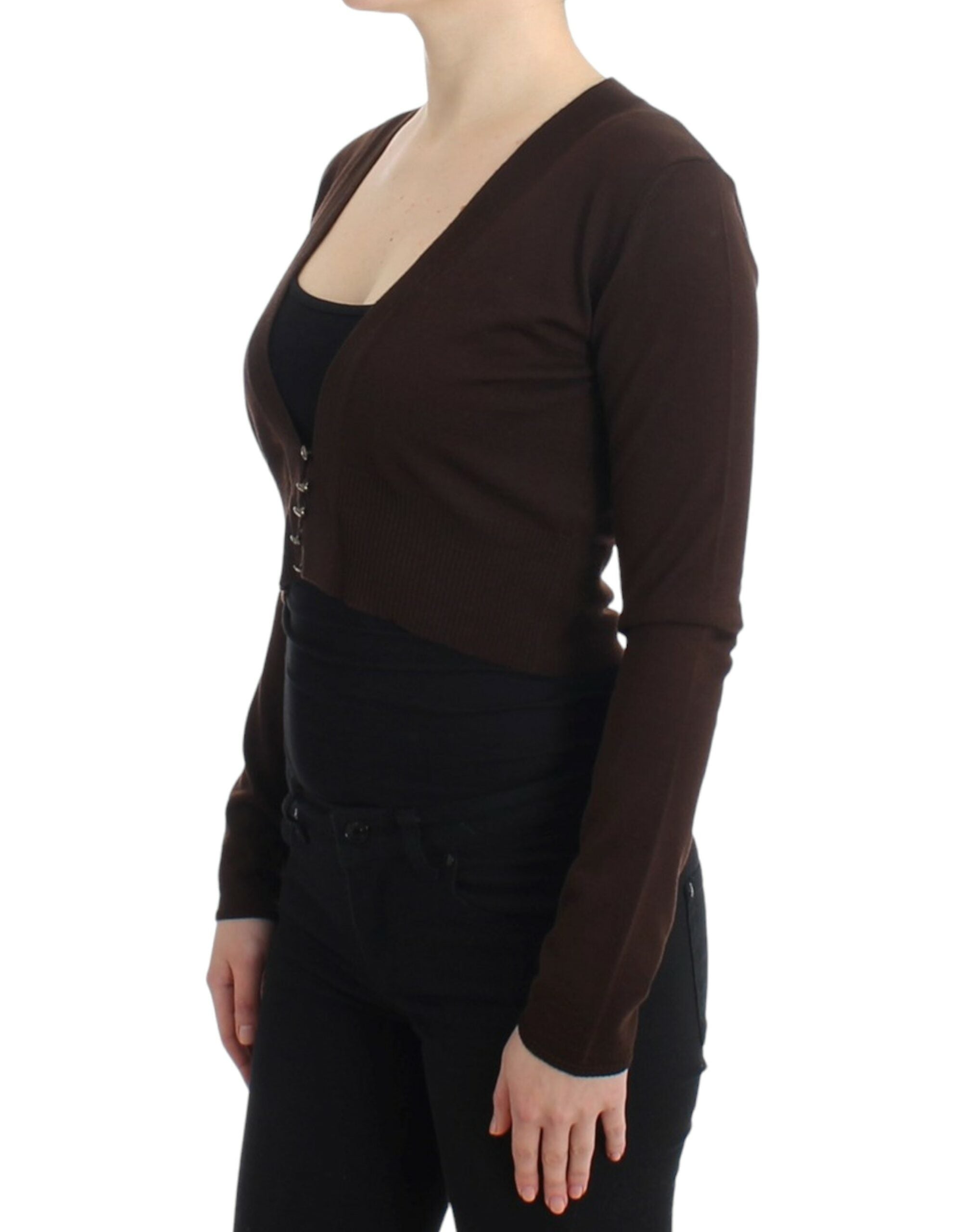 Elegant Brown Virgin Wool Cropped Cardigan - ventzia
