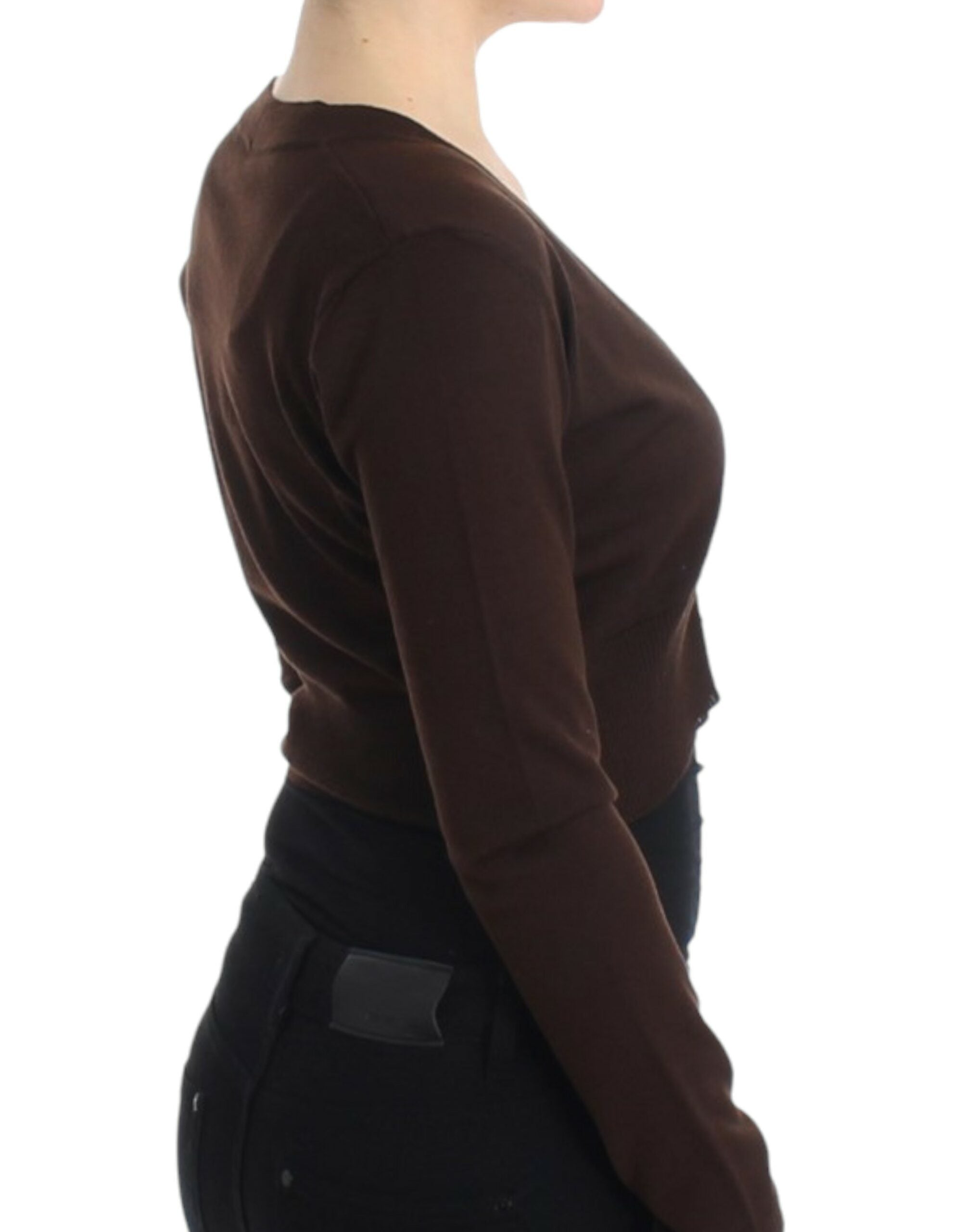 Elegant Brown Virgin Wool Cropped Cardigan - ventzia