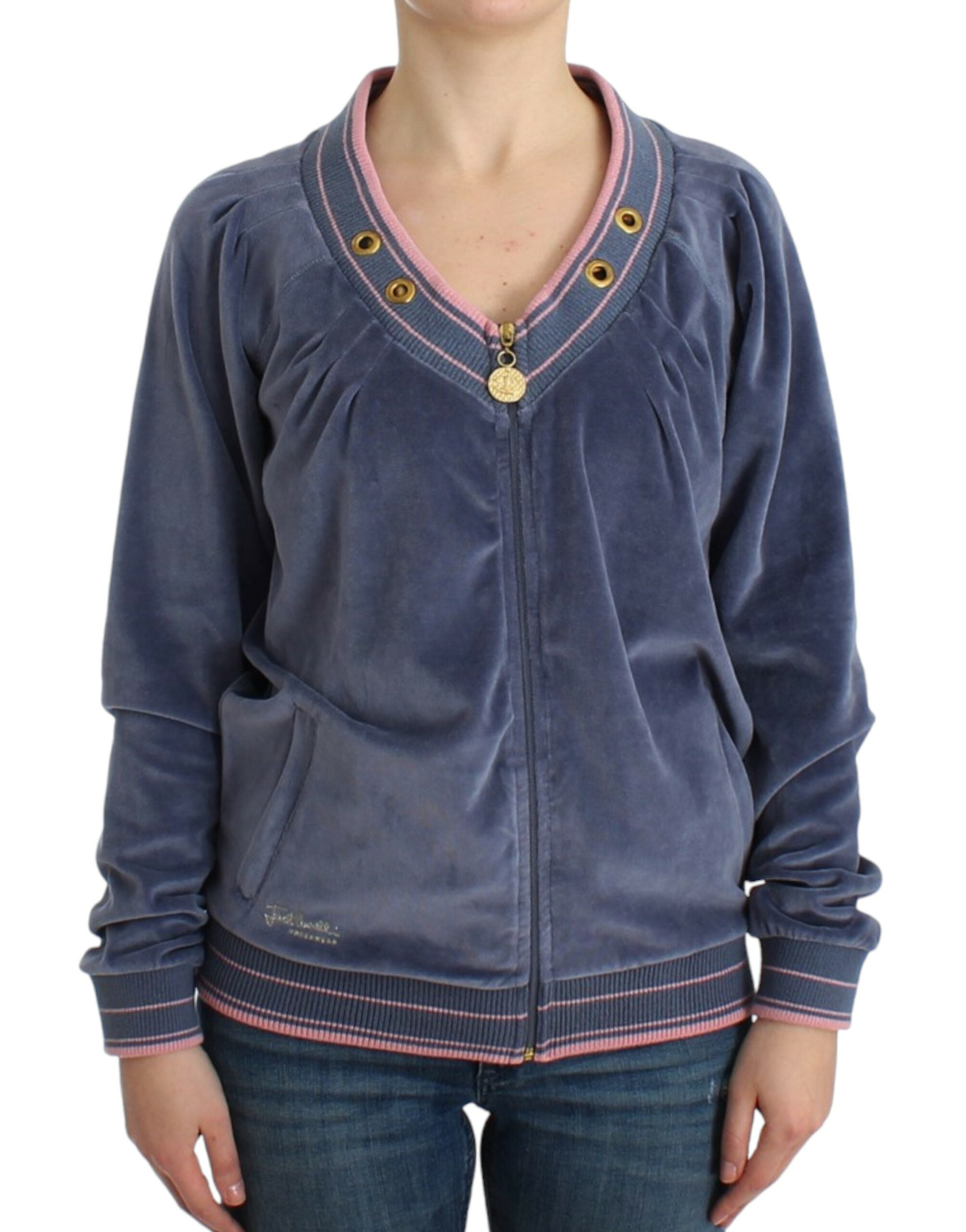 Elegant Blue Zip Cardigan with Gold Details - ventzia