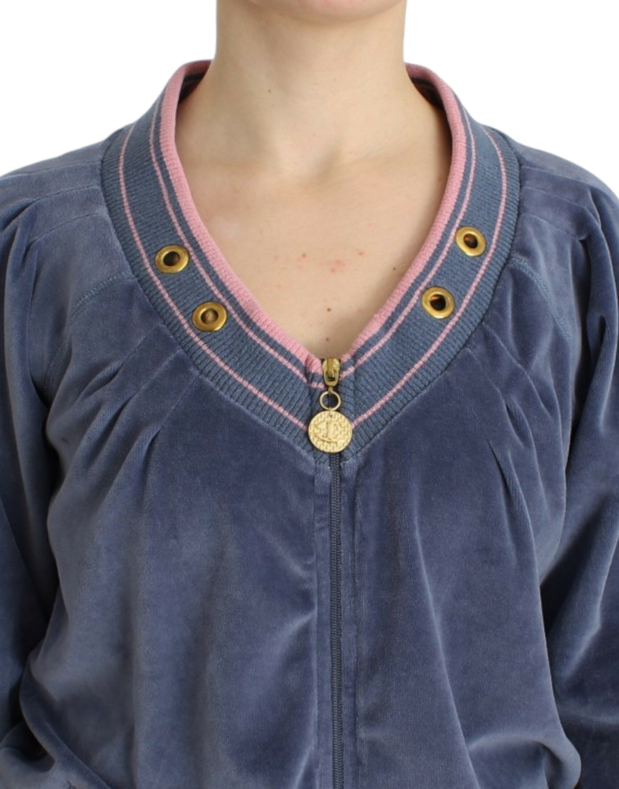 Elegant Blue Zip Cardigan with Gold Details - ventzia