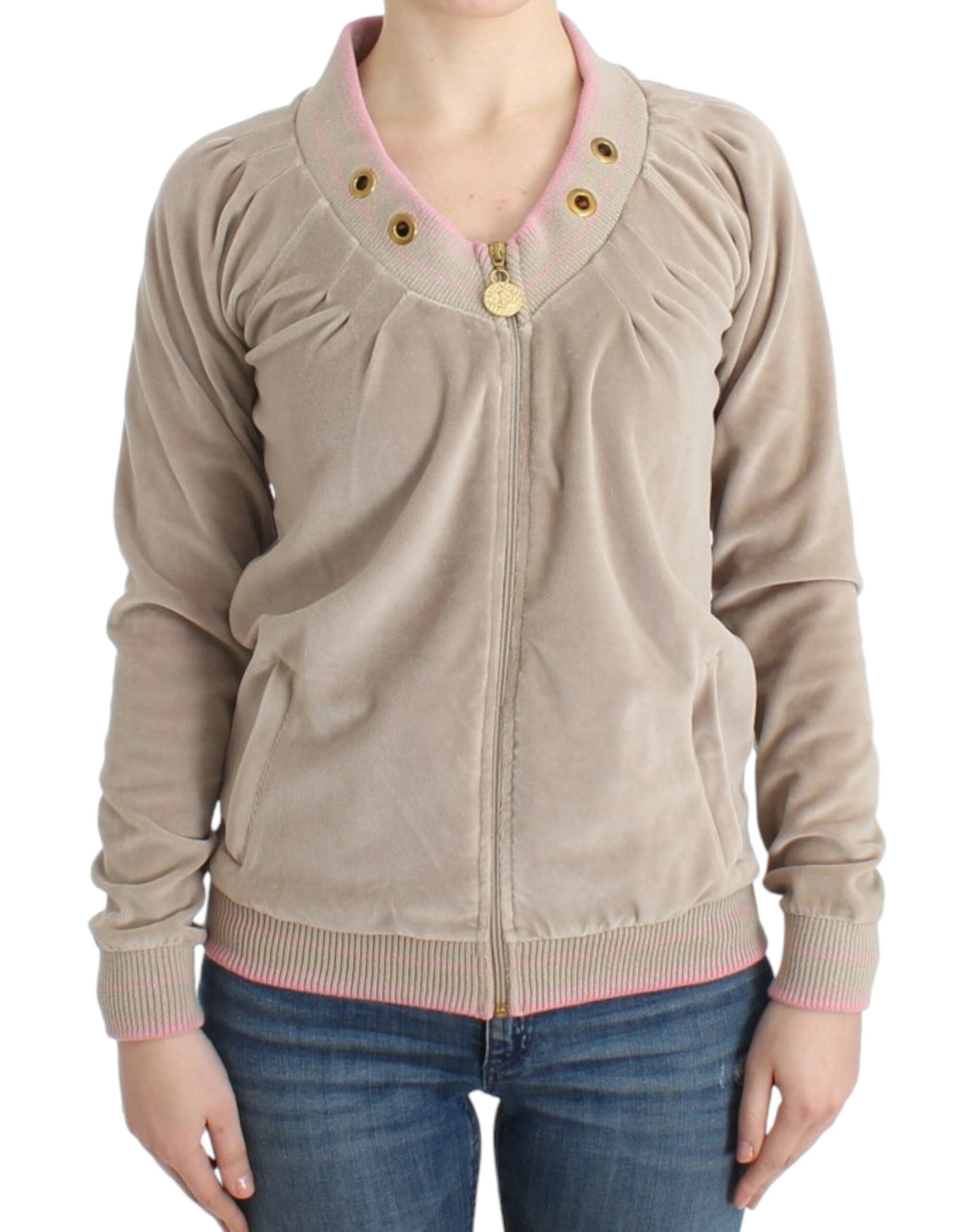 Beige Zip Cardigan with Gold Tone Accents - ventzia