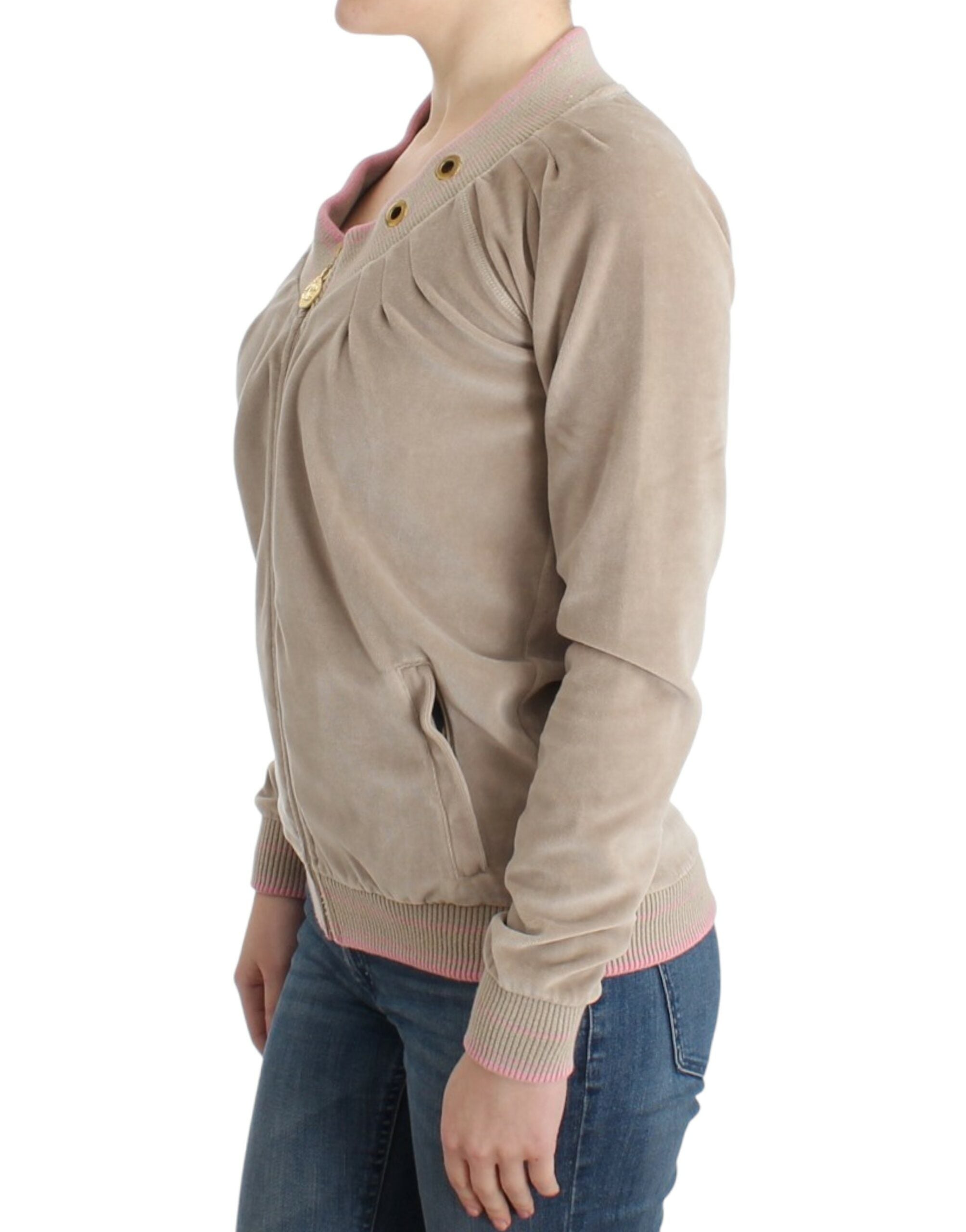 Beige Zip Cardigan with Gold Tone Accents - ventzia