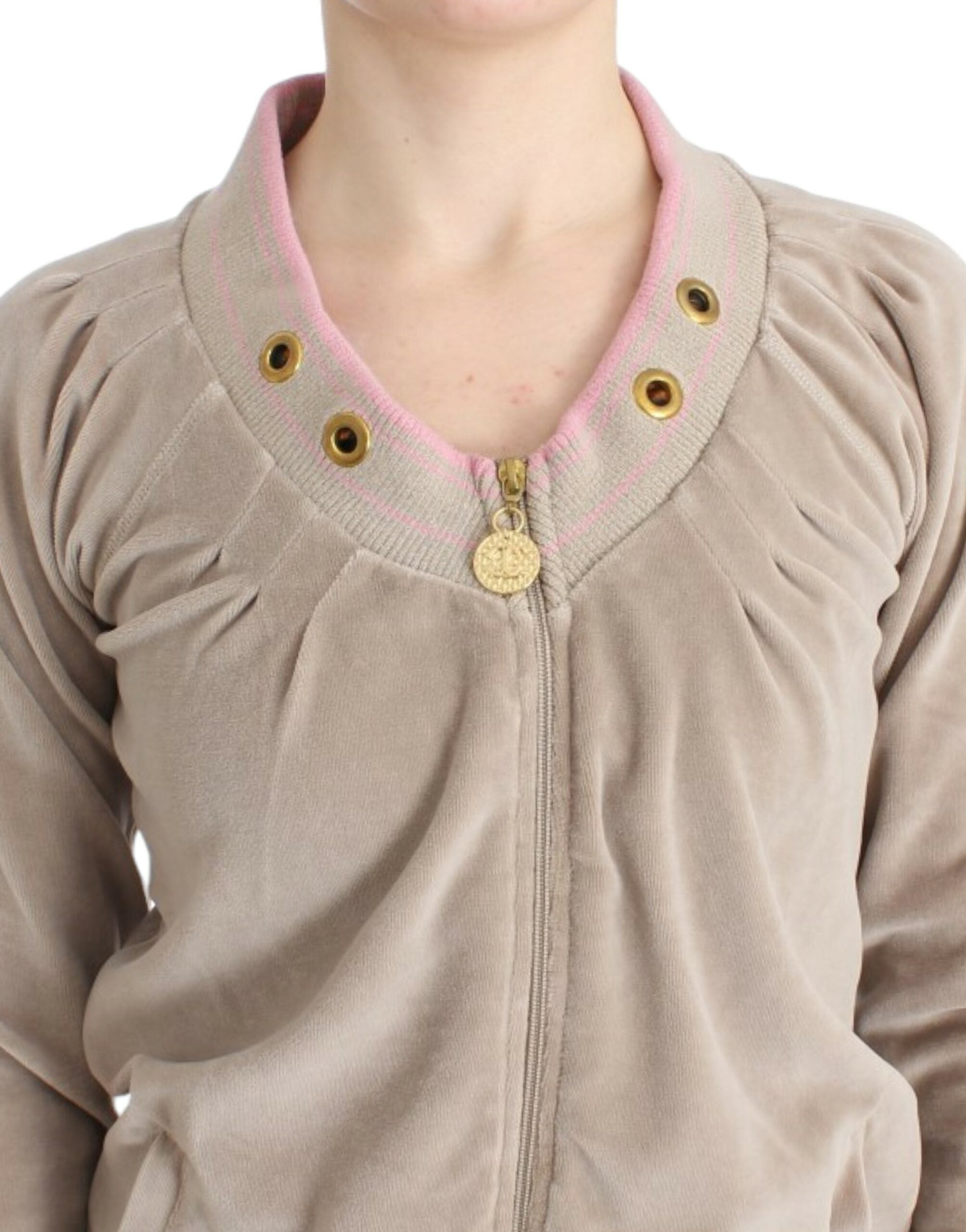 Beige Zip Cardigan with Gold Tone Accents - ventzia