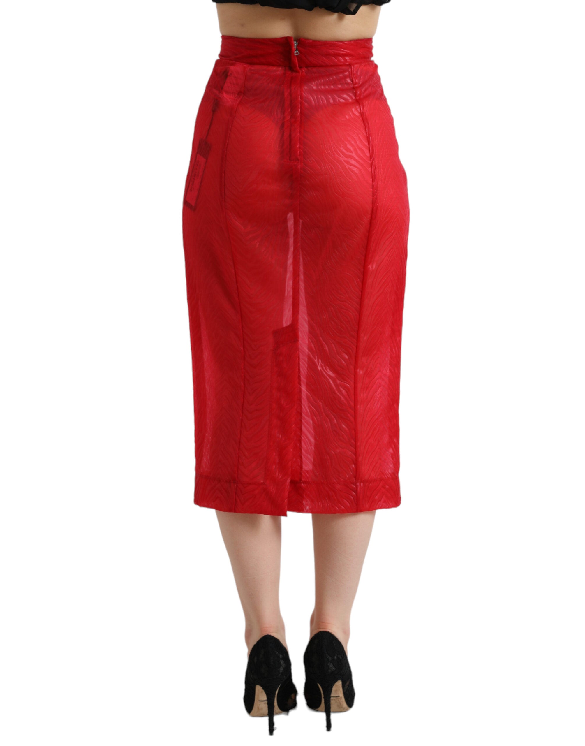 Red Sheer High Waist Pencil Cut Midi Skirt - ventzia