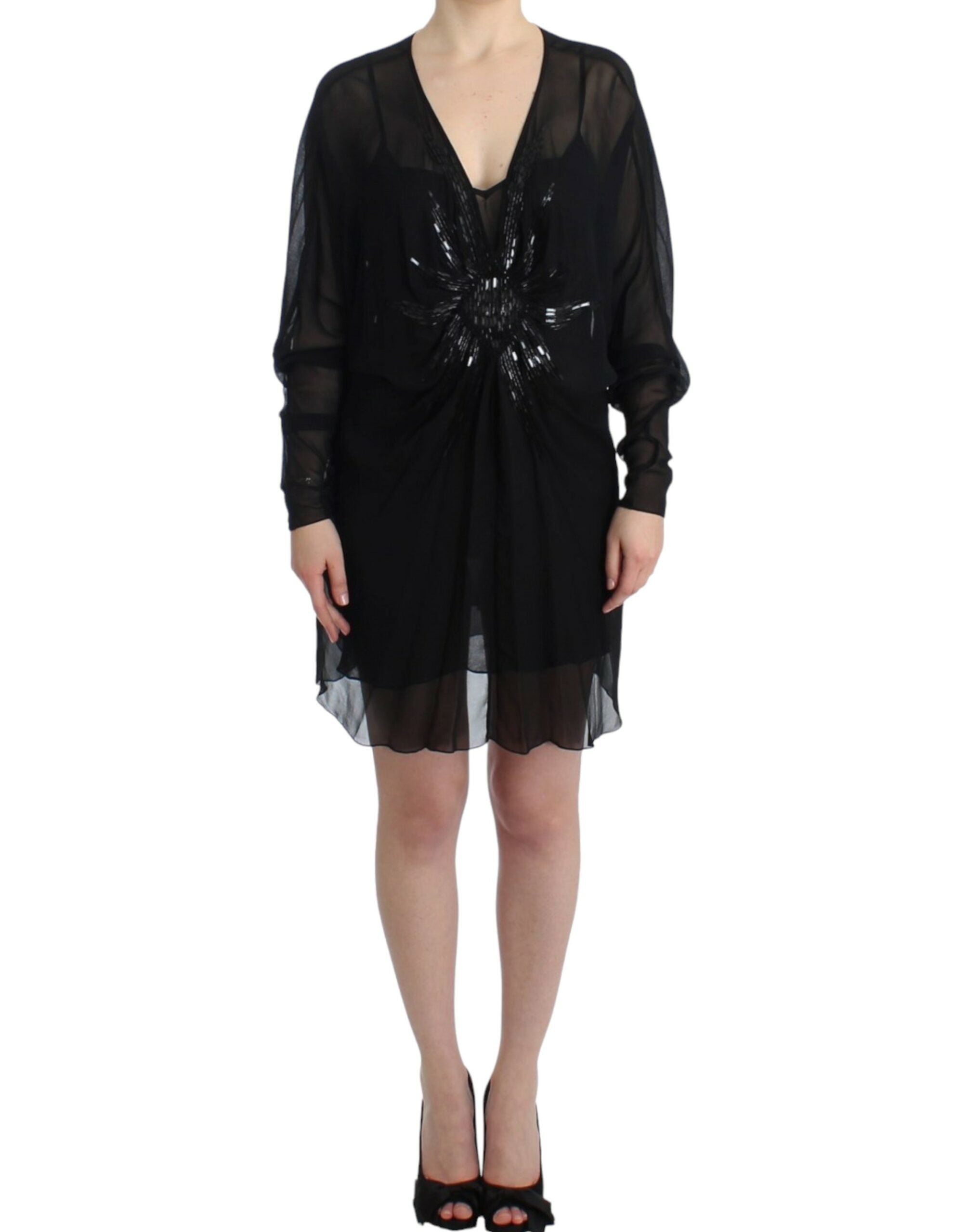 Elegant Sheer Black Silk Blouson Dress - ventzia