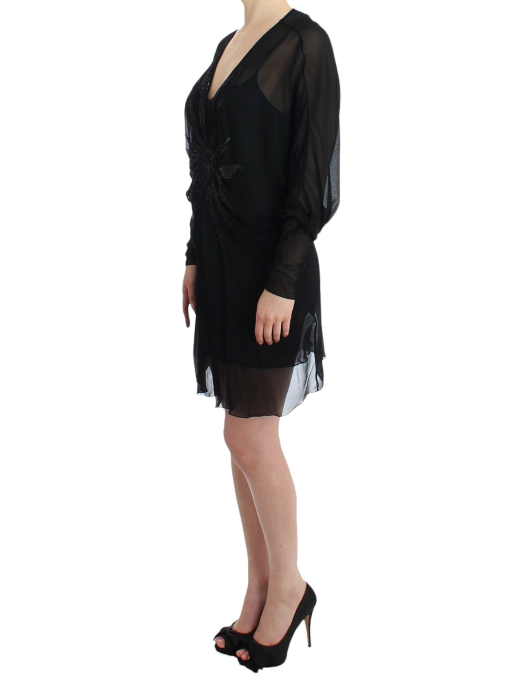 Elegant Sheer Black Silk Blouson Dress - ventzia