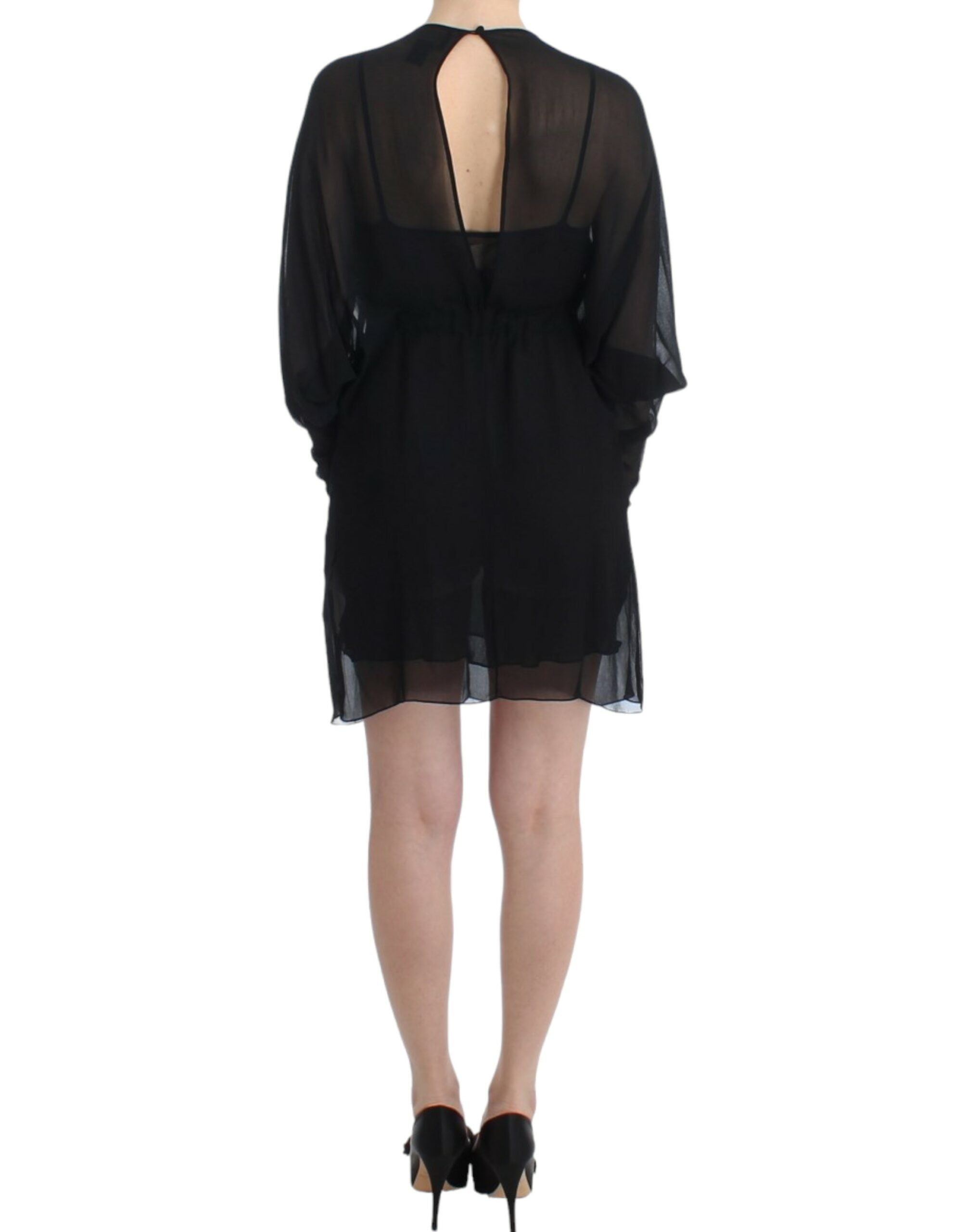 Elegant Sheer Black Silk Blouson Dress - ventzia