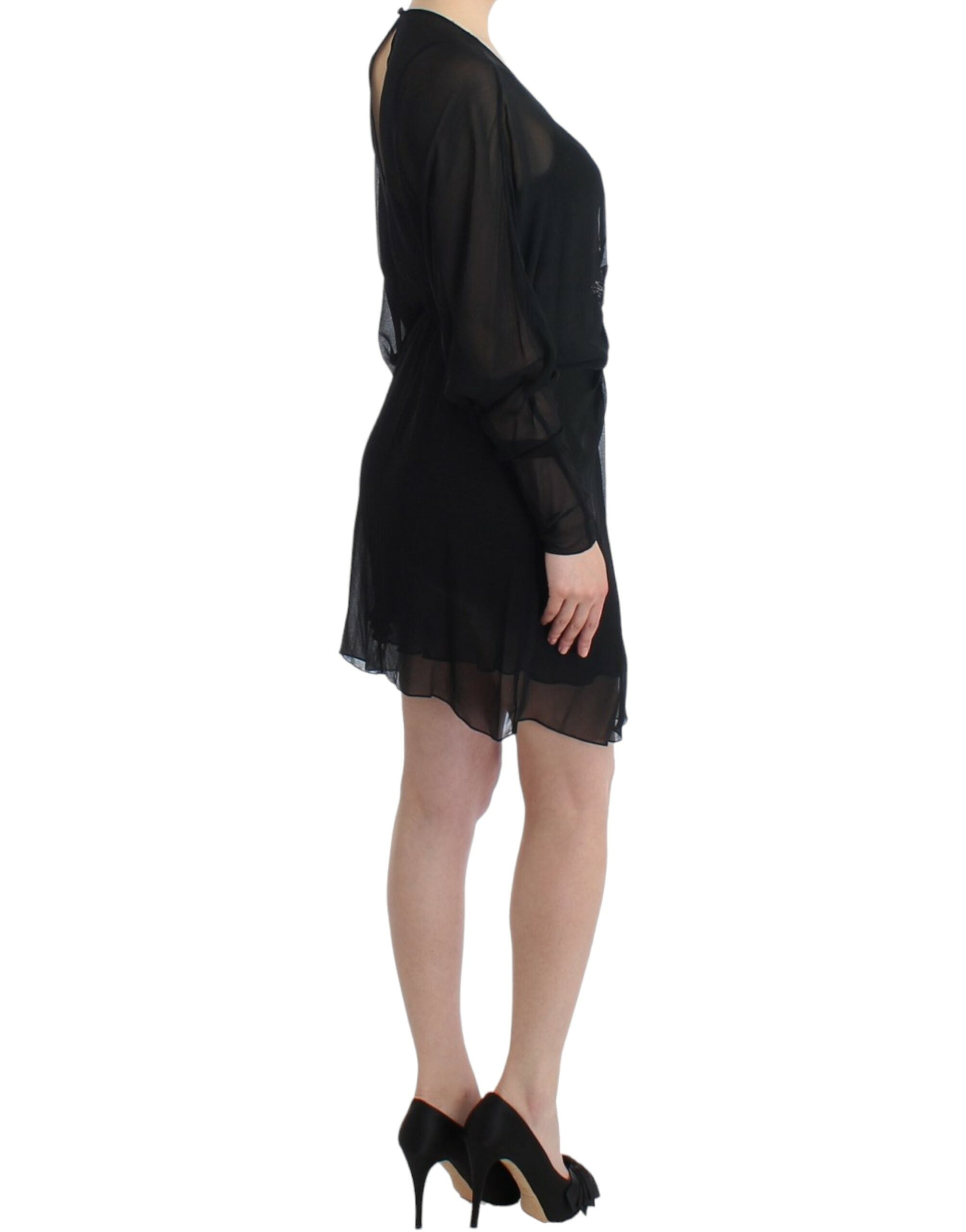 Elegant Sheer Black Silk Blouson Dress - ventzia