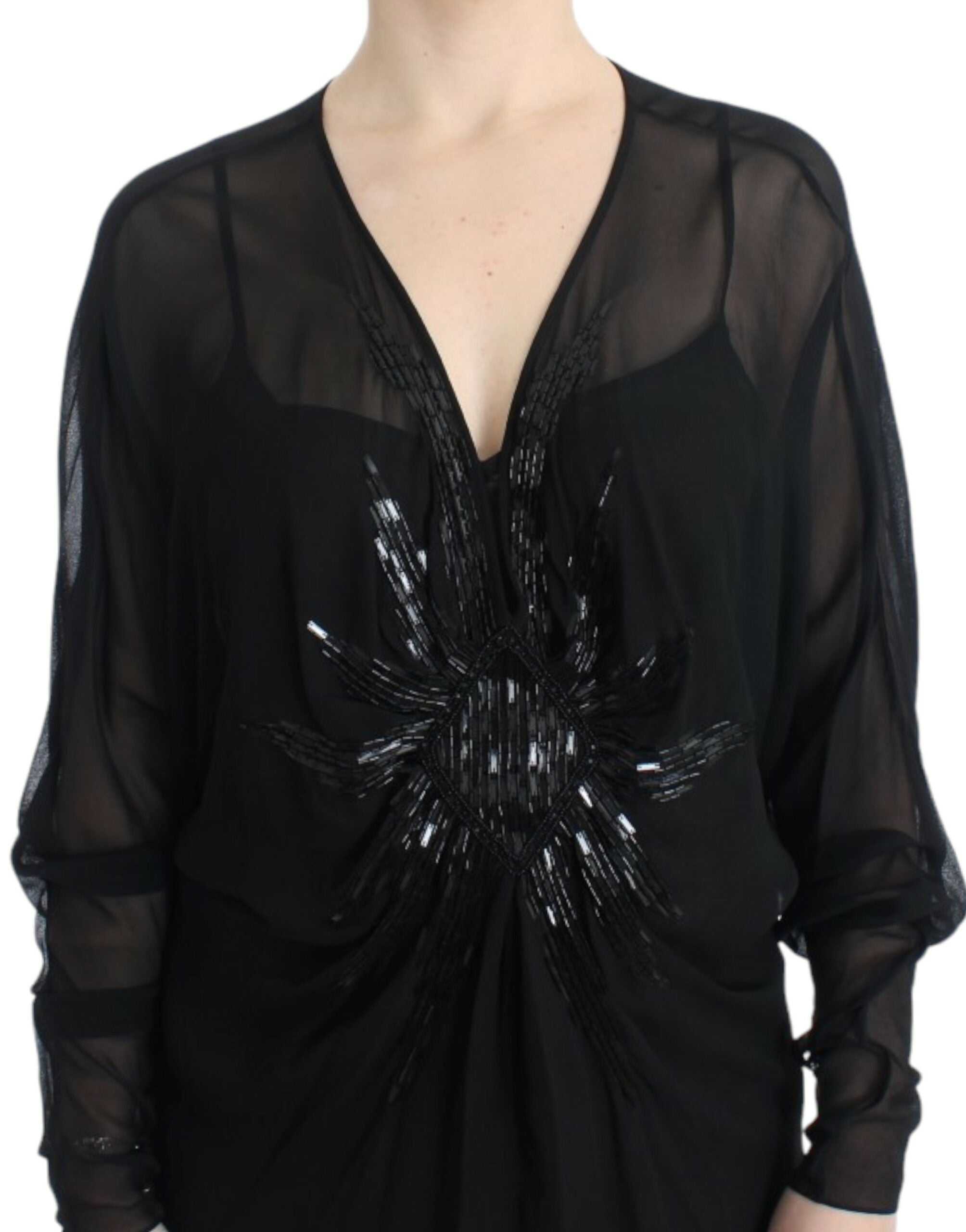 Elegant Sheer Black Silk Blouson Dress - ventzia