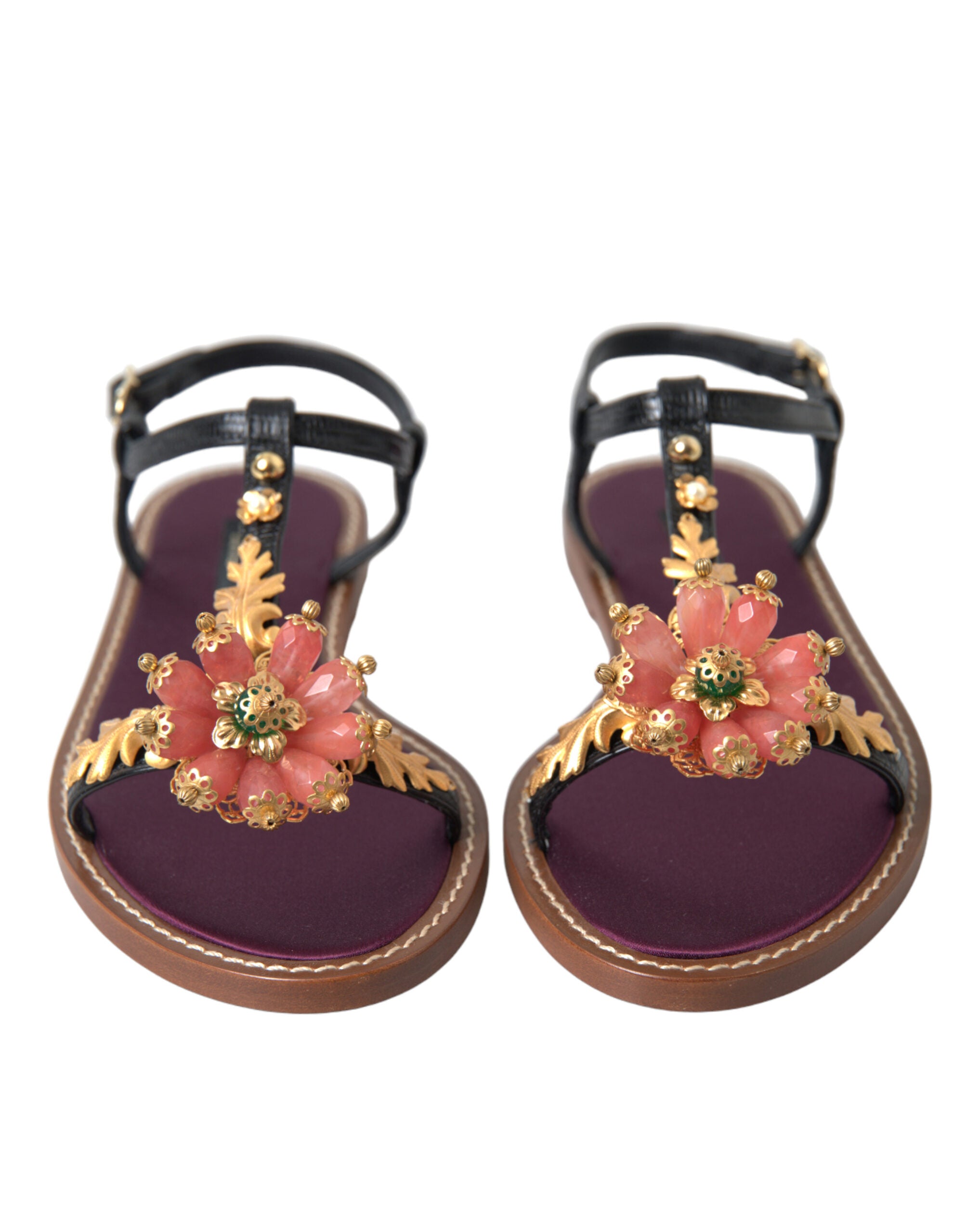 Black Crystal Gold Sandals Leather Shoes - ventzia