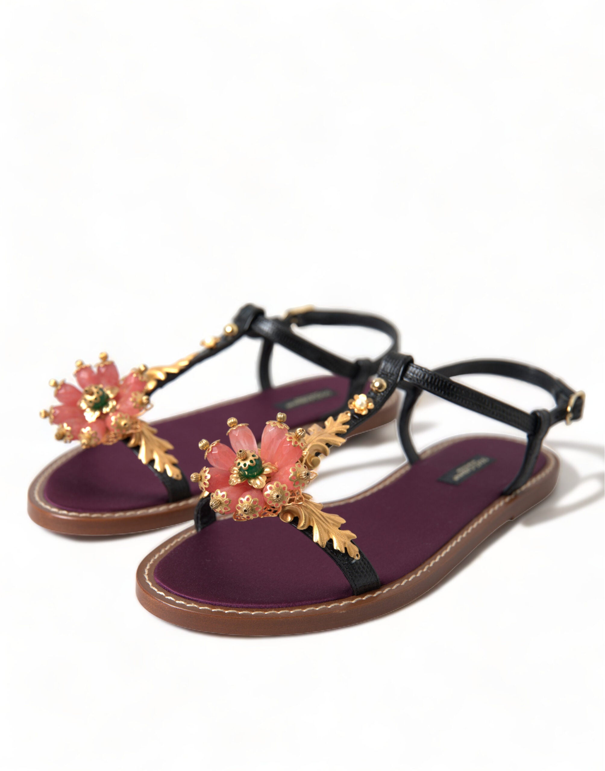 Black Crystal Gold Sandals Leather Shoes - ventzia