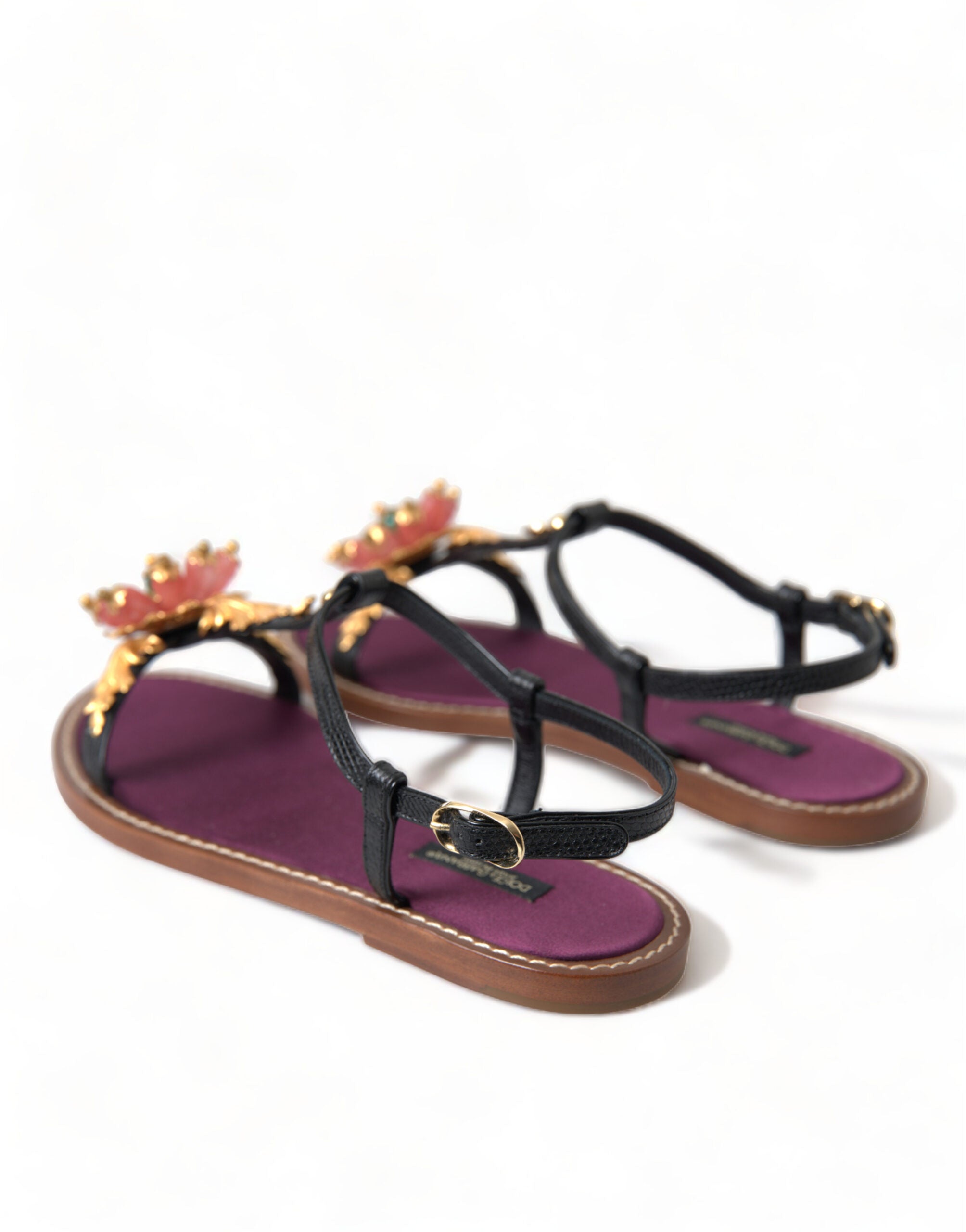 Black Crystal Gold Sandals Leather Shoes - ventzia