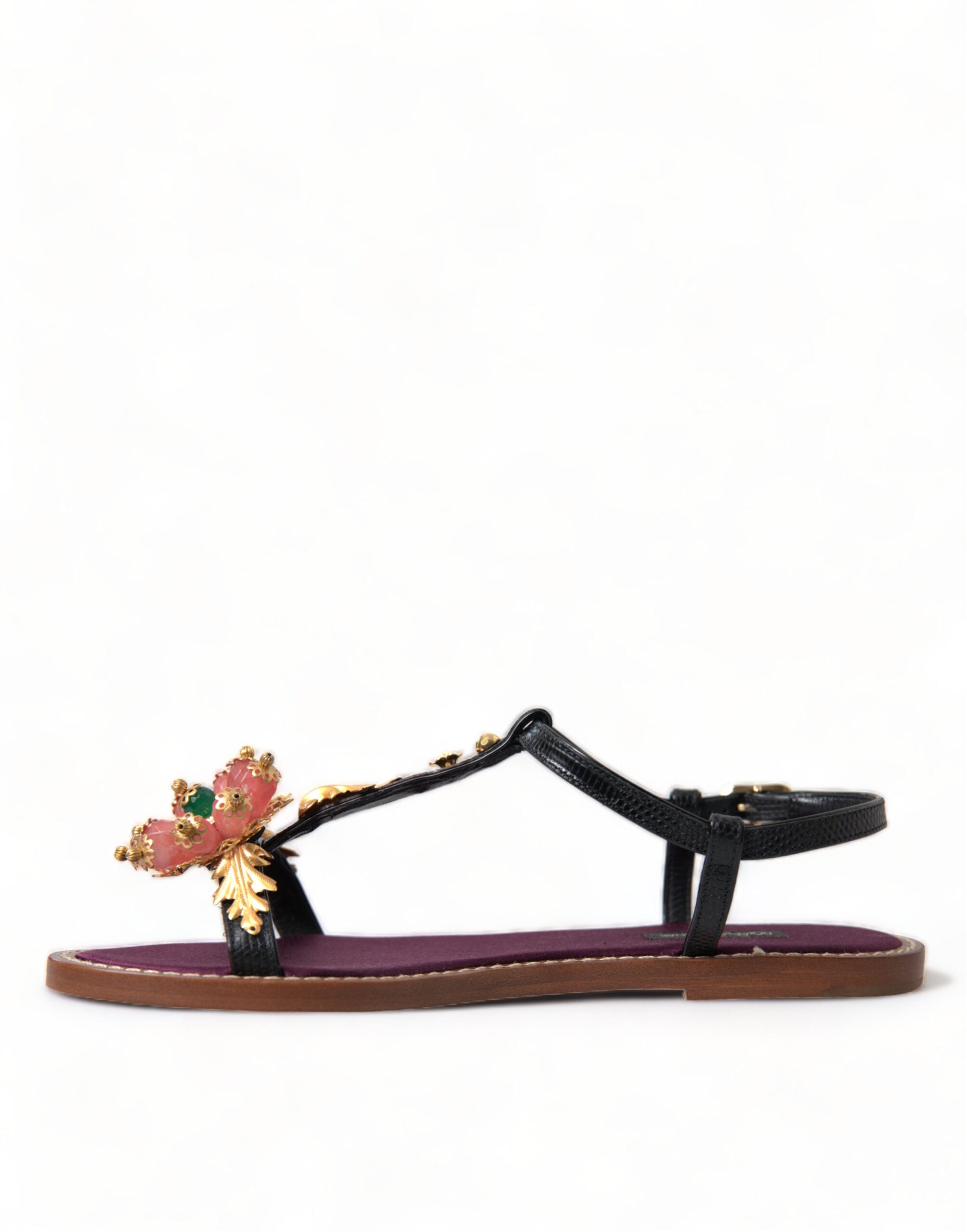 Black Crystal Gold Sandals Leather Shoes - ventzia