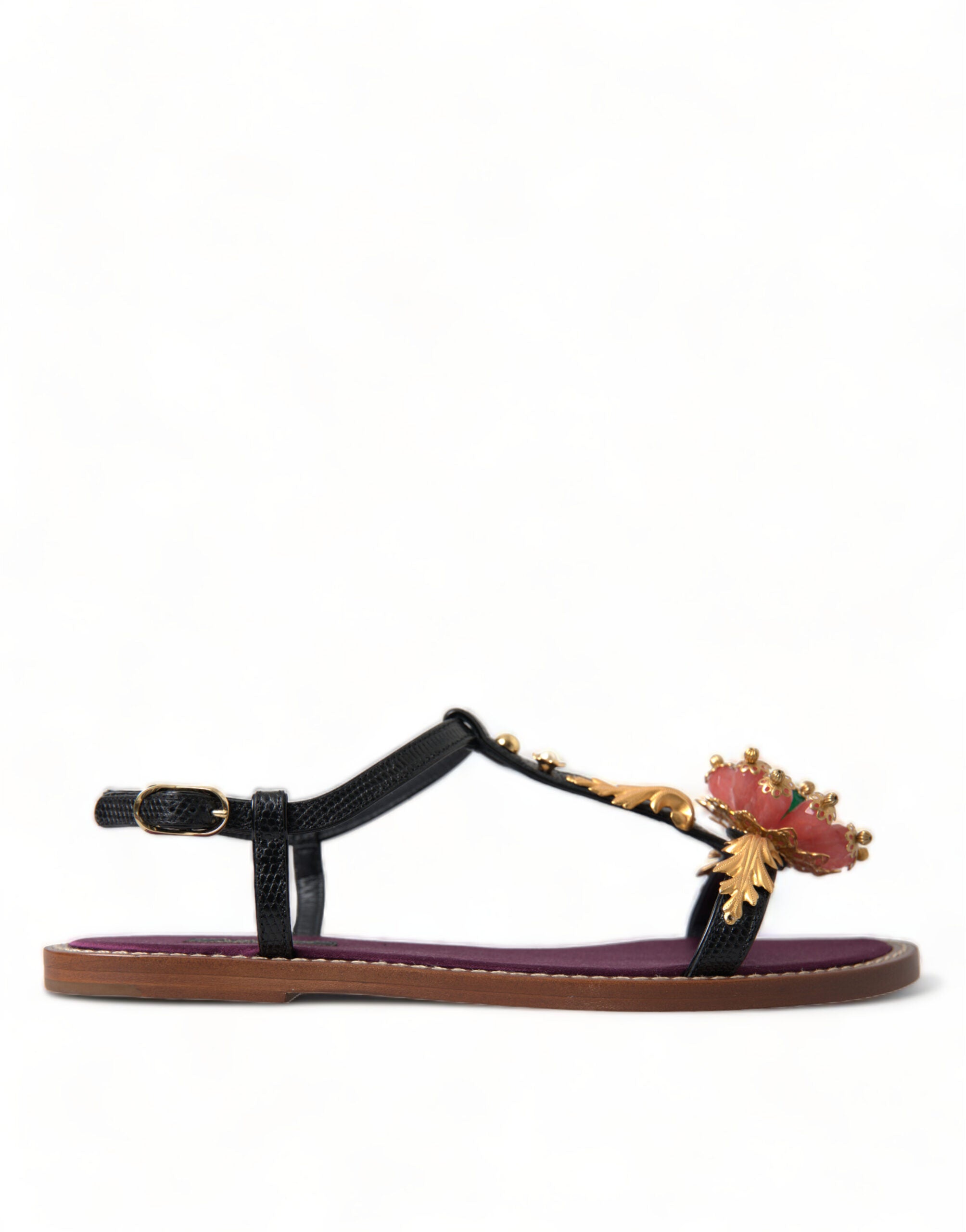 Black Crystal Gold Sandals Leather Shoes - ventzia