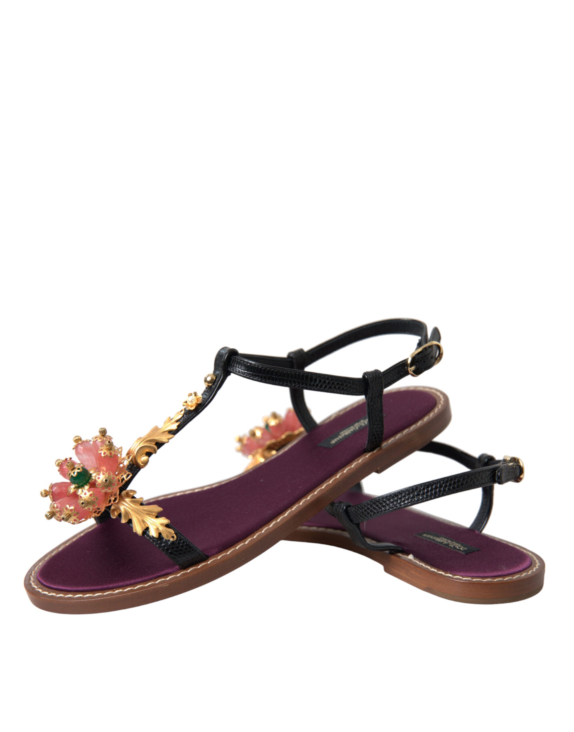 Black Crystal Gold Sandals Leather Shoes - ventzia