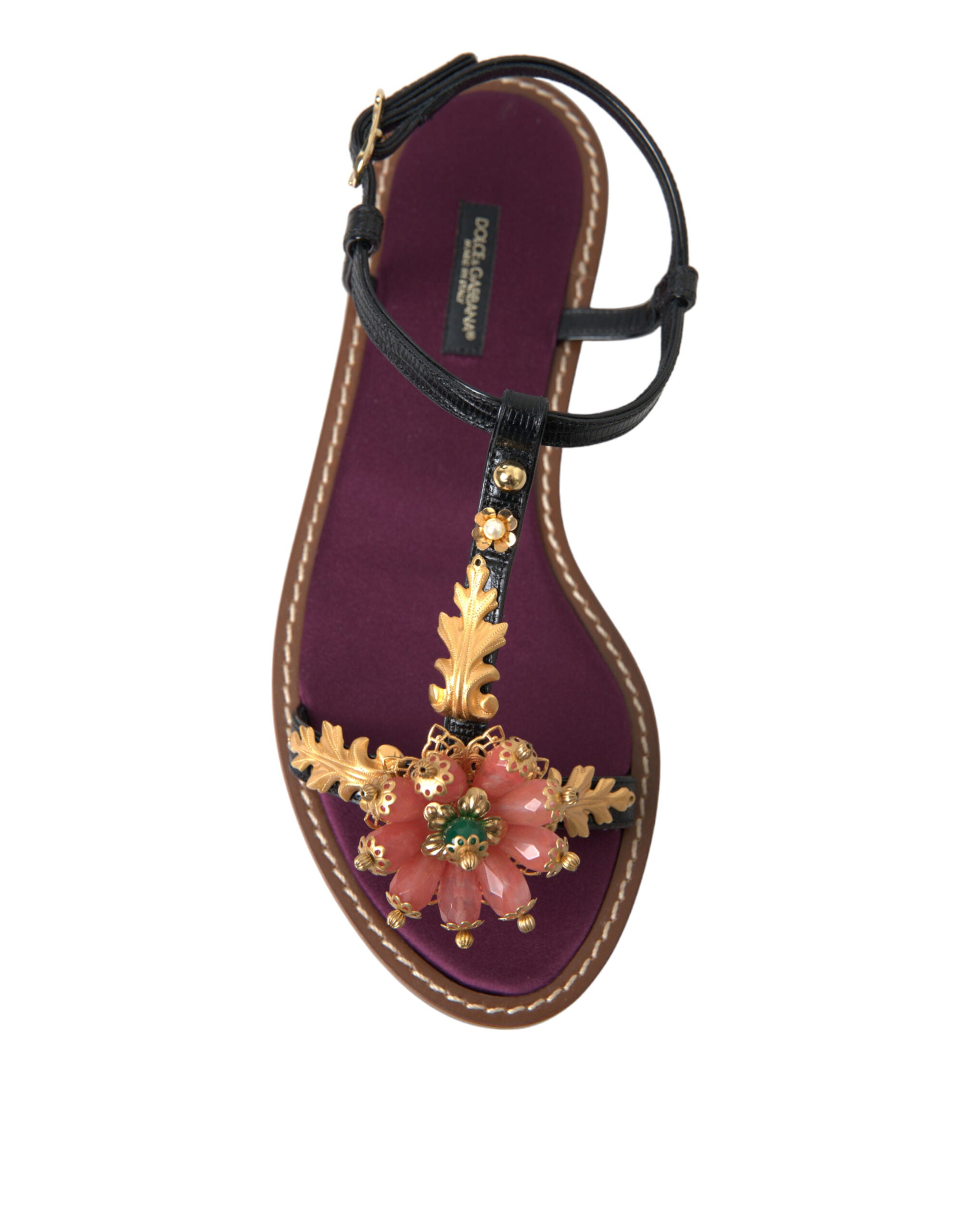 Black Crystal Gold Sandals Leather Shoes - ventzia